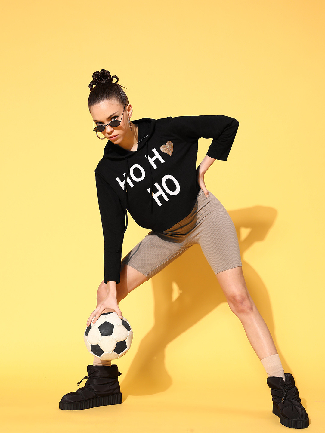 SASSAFRAS Women Black & White Printed Hooded Sweatshirt