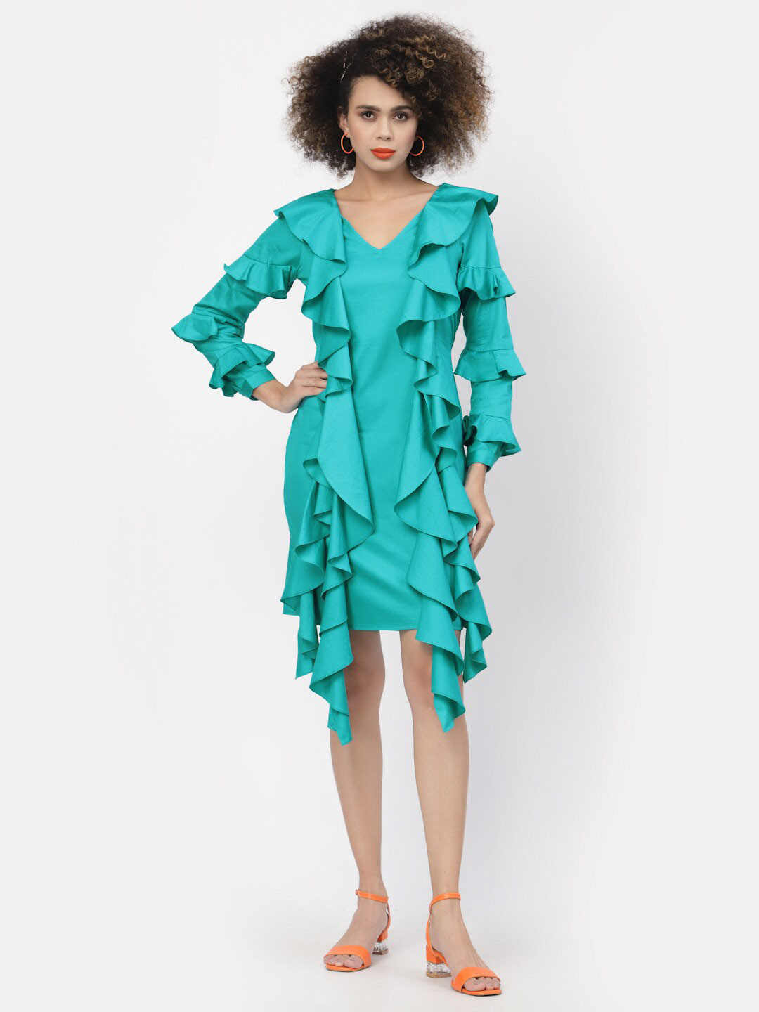 LELA Turquoise Blue Frill Sleeves Dress With Tie-Up Belt