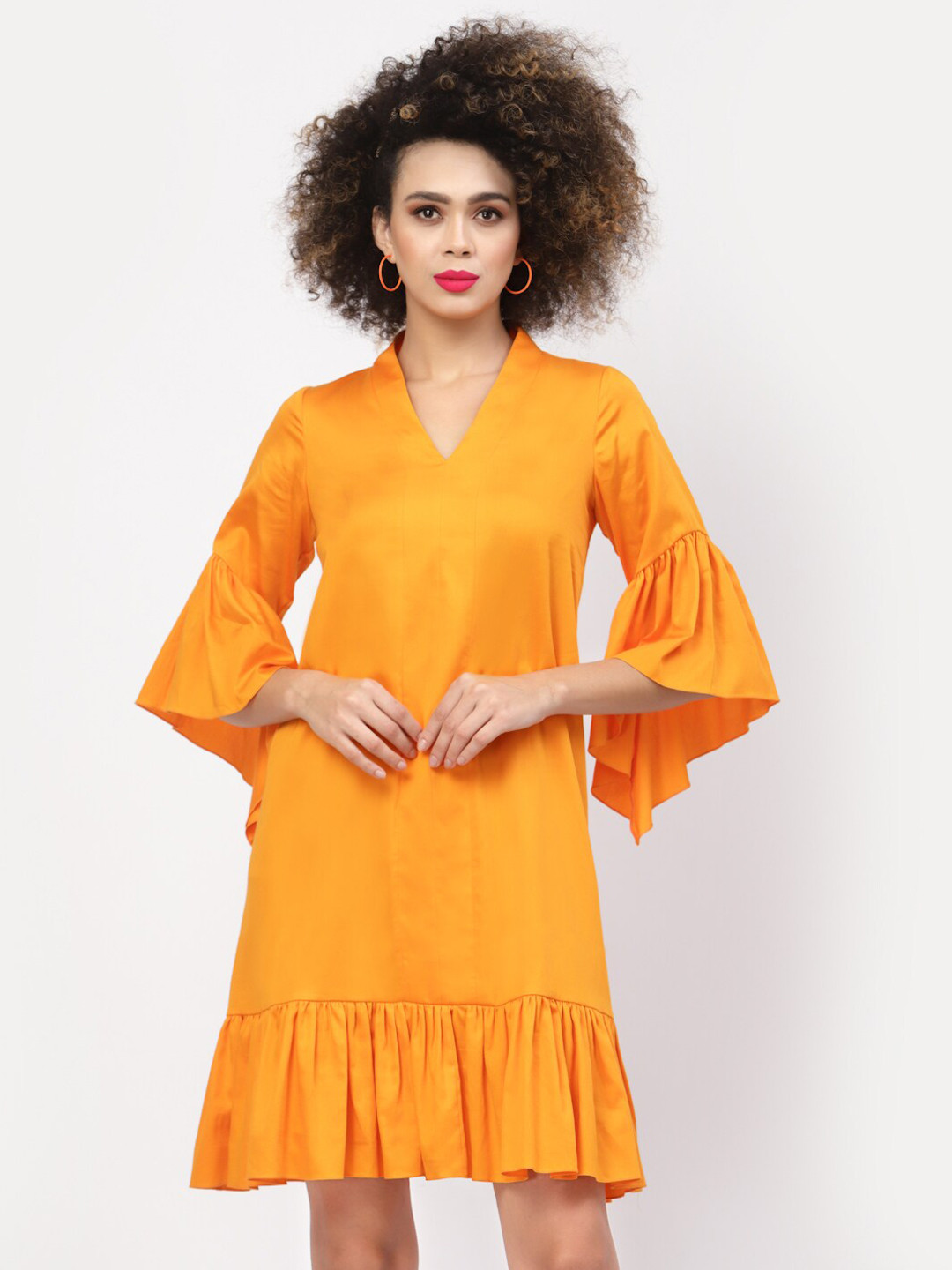 LELA Orange Bell Sleeves Frill Detail A-Line Cotton Dress