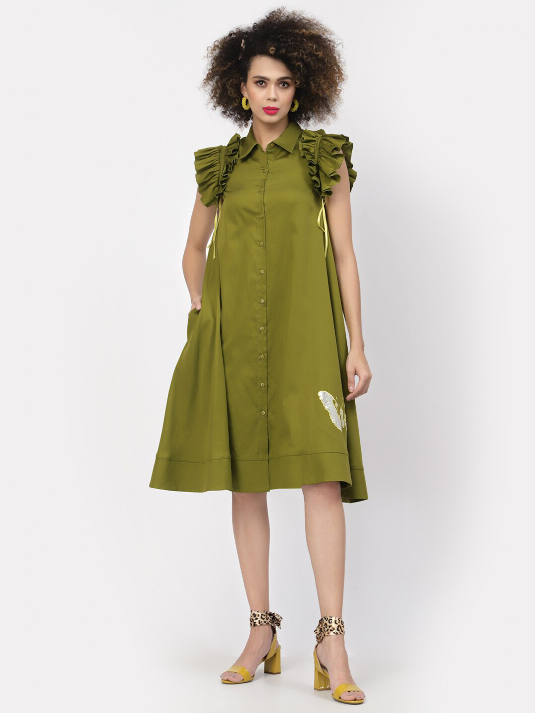 LELA Women Olive Green Cotton Shirt Dress