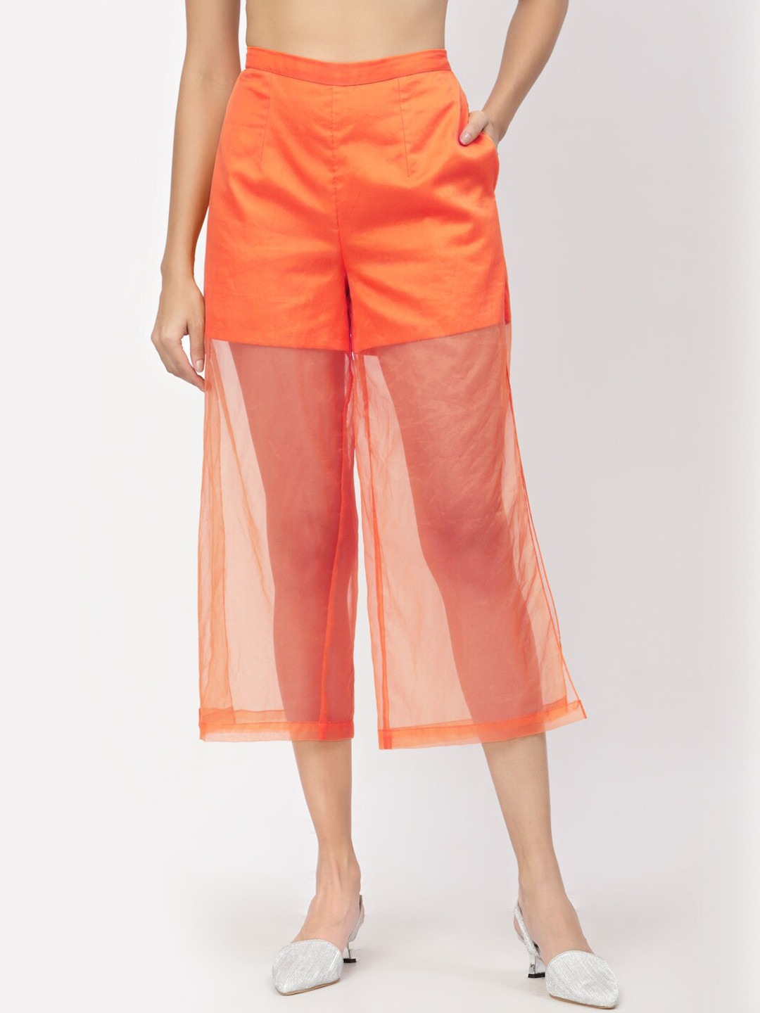 LELA Women Orange Semi-Sheer A-Line Cropped Palazzos