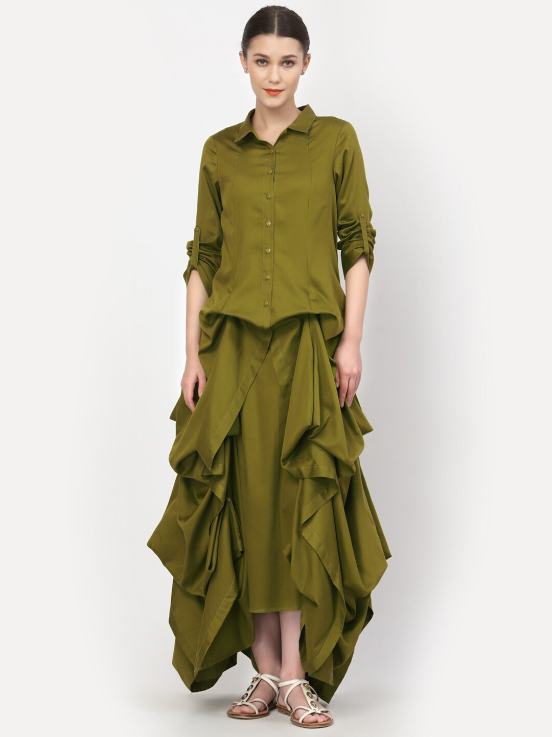 LELA Women Olive Green Cotton Drape Maxi Dress