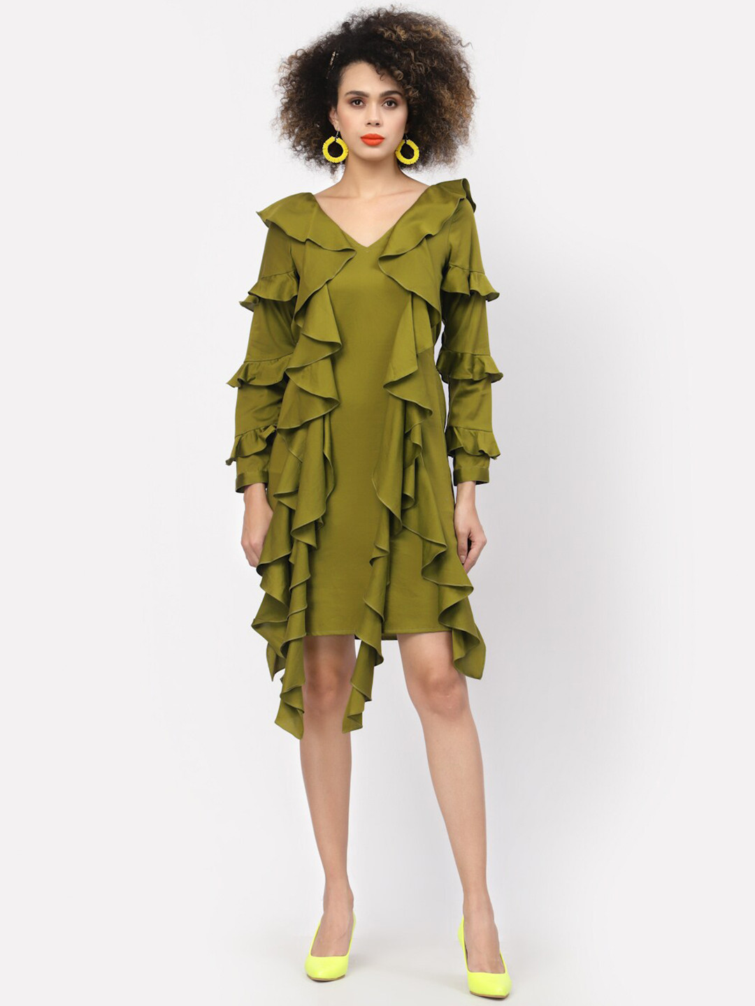 LELA Olive Green Frilled Cotton A-Line Dress