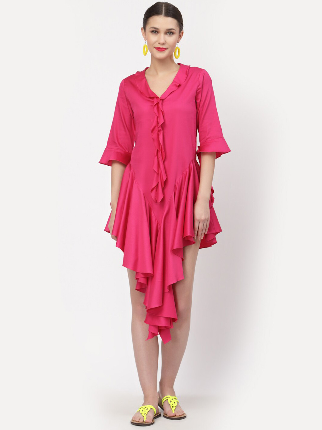 LELA Pink A-Line Frill asymmetrical Cotton Dress
