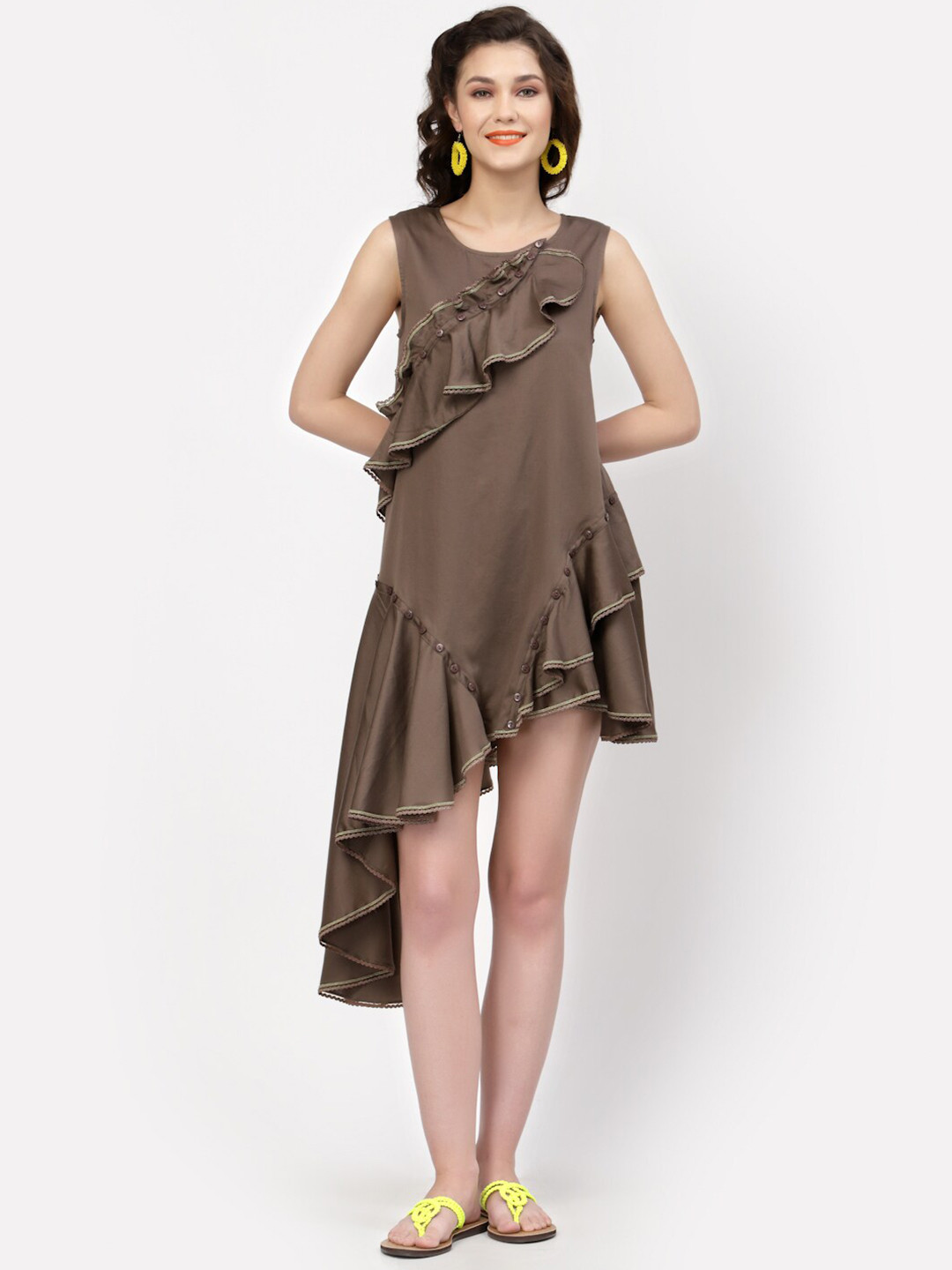 LELA Women Beige Ruffle Detail Cotton Asymmetric A-Line Dress