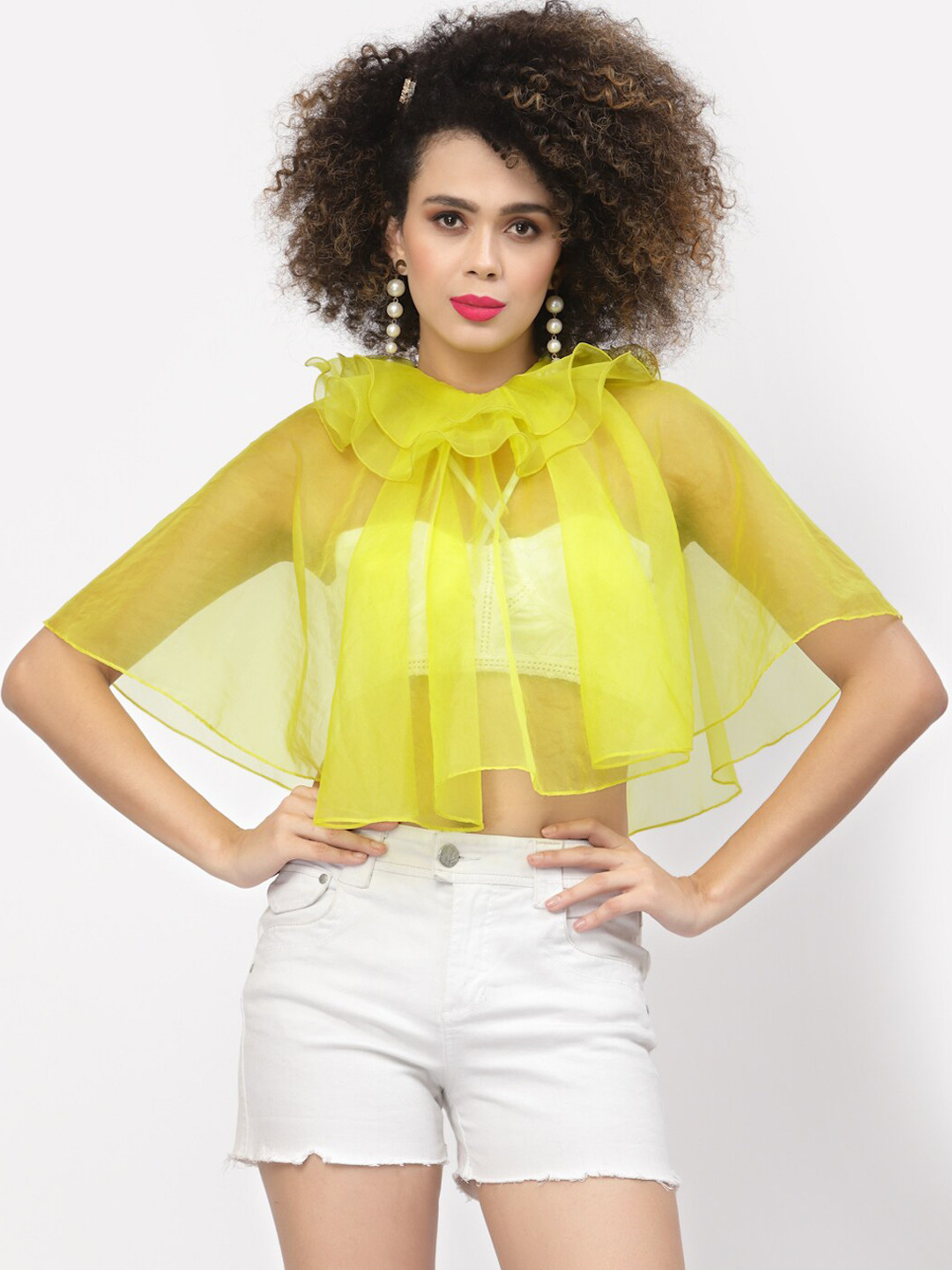 LELA Frill Neck Sheer Cape Top