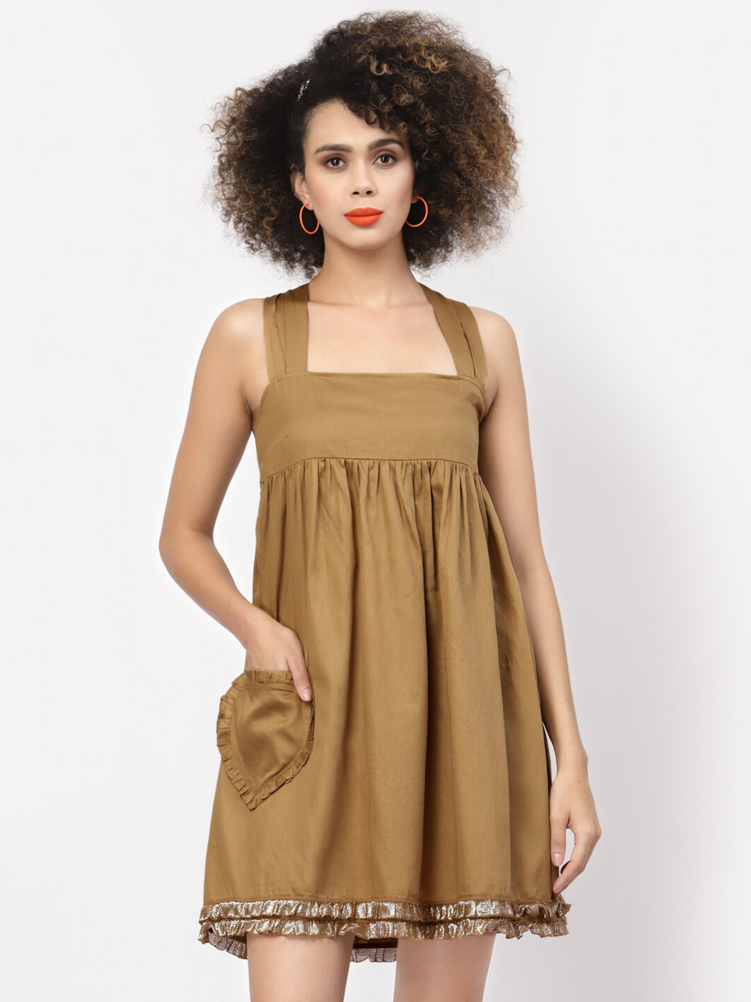 LELA Beige Tie-Up Neck Pocket Detail Mini Dress