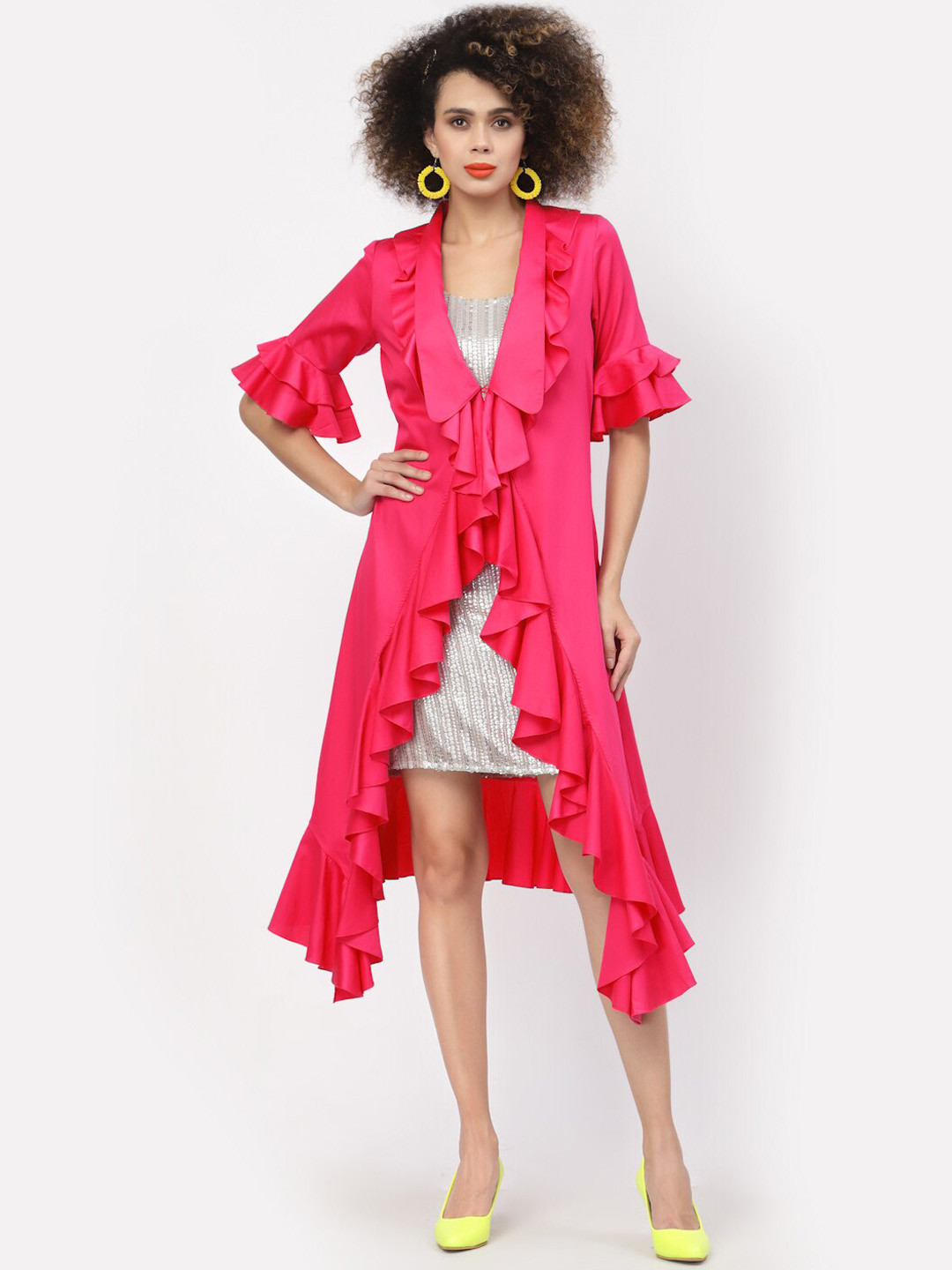 LELA Women Pink Frill Detail Asymmetric Hemline Longline Jacket