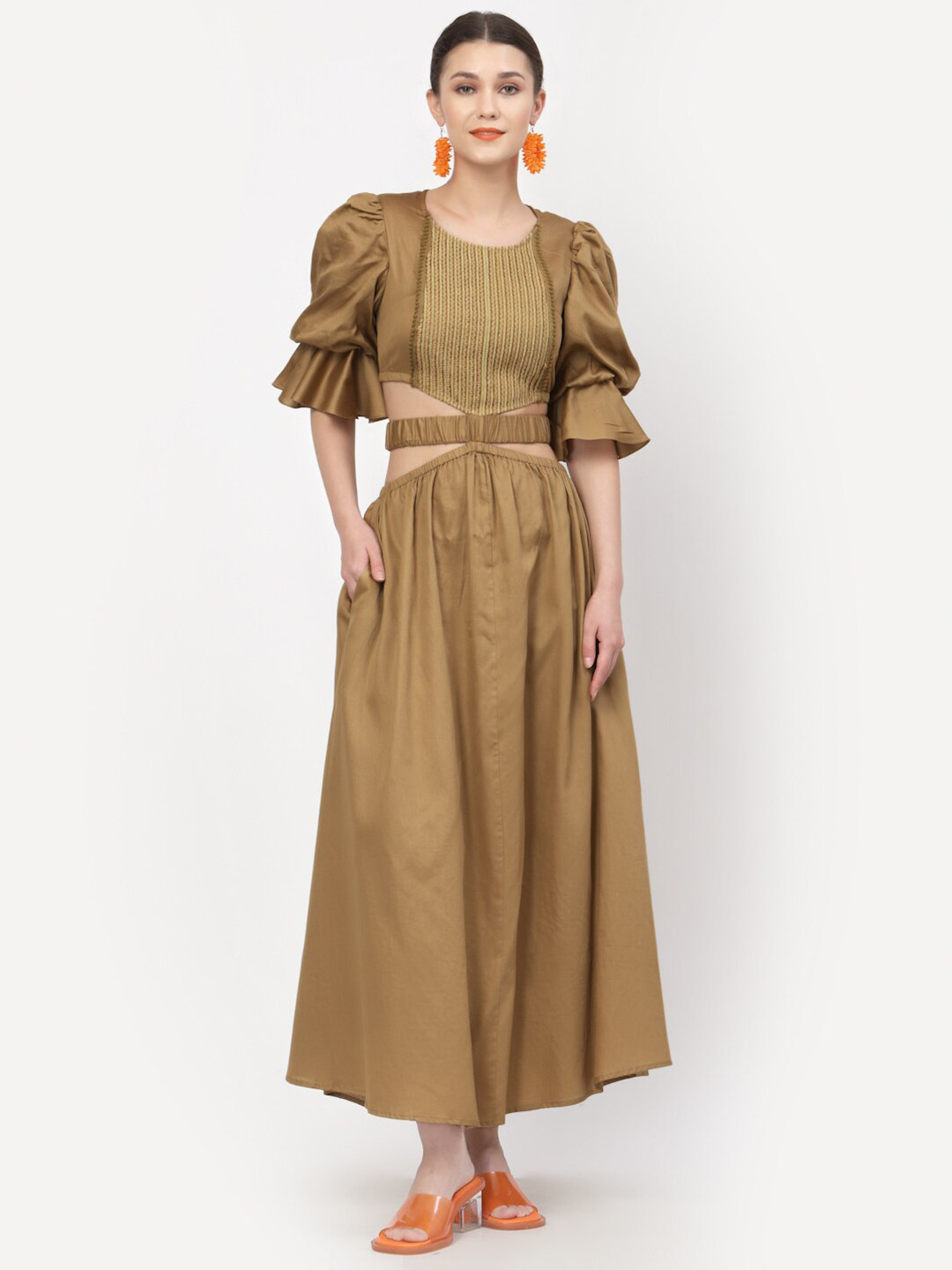 LELA Beige Yoke Design Lace Detail Maxi Dress With Tie-Up Belt
