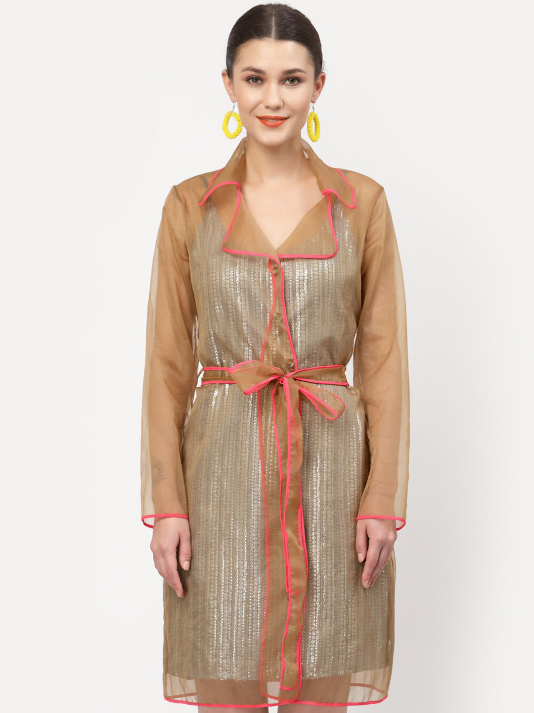 LELA Women Beige Sheer Organza Tailored Jacket