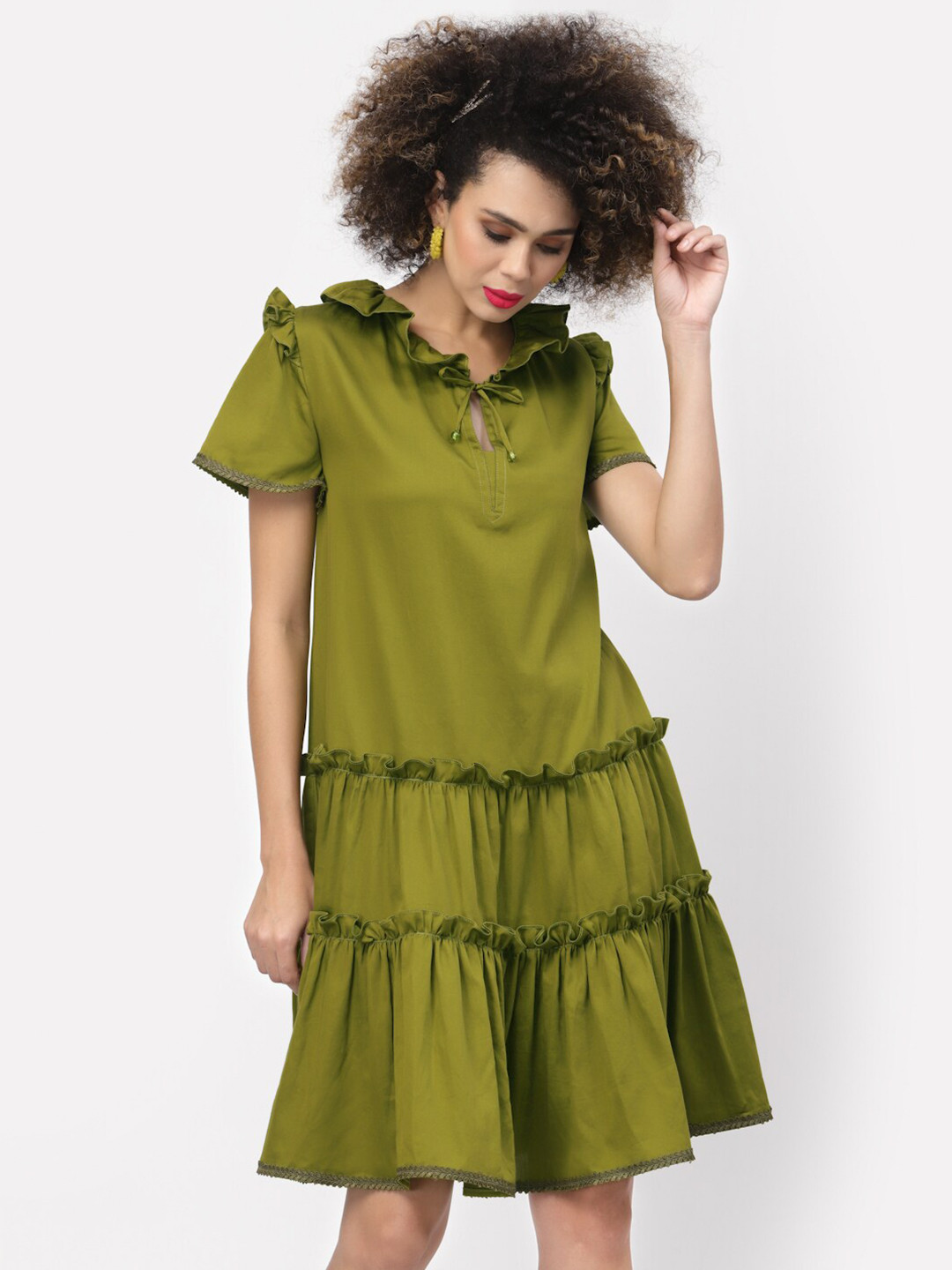 LELA Olive Green Tiered A-Line Dress With Lace Detail