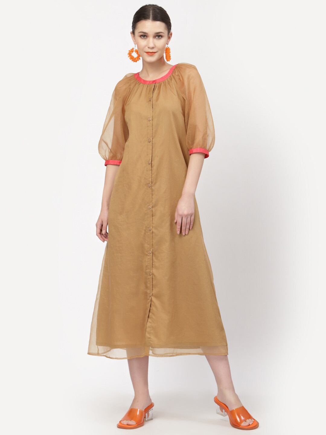 LELA Women Beige Puff Sleeves Organza A-Line Midi Dress