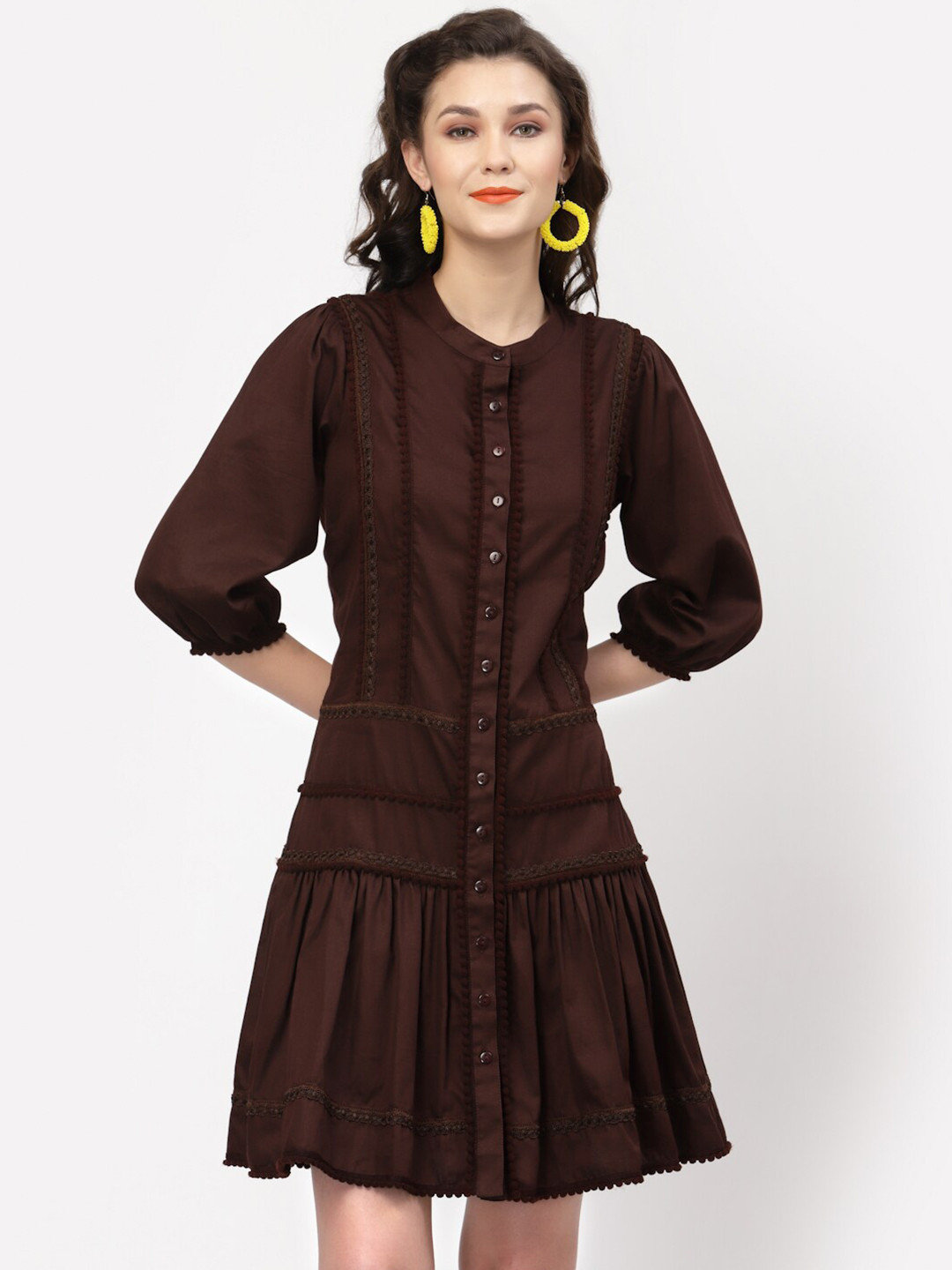 LELA Women Brown Pom-Pom Lace Detail Puff Sleeves Drop-Waist Dress