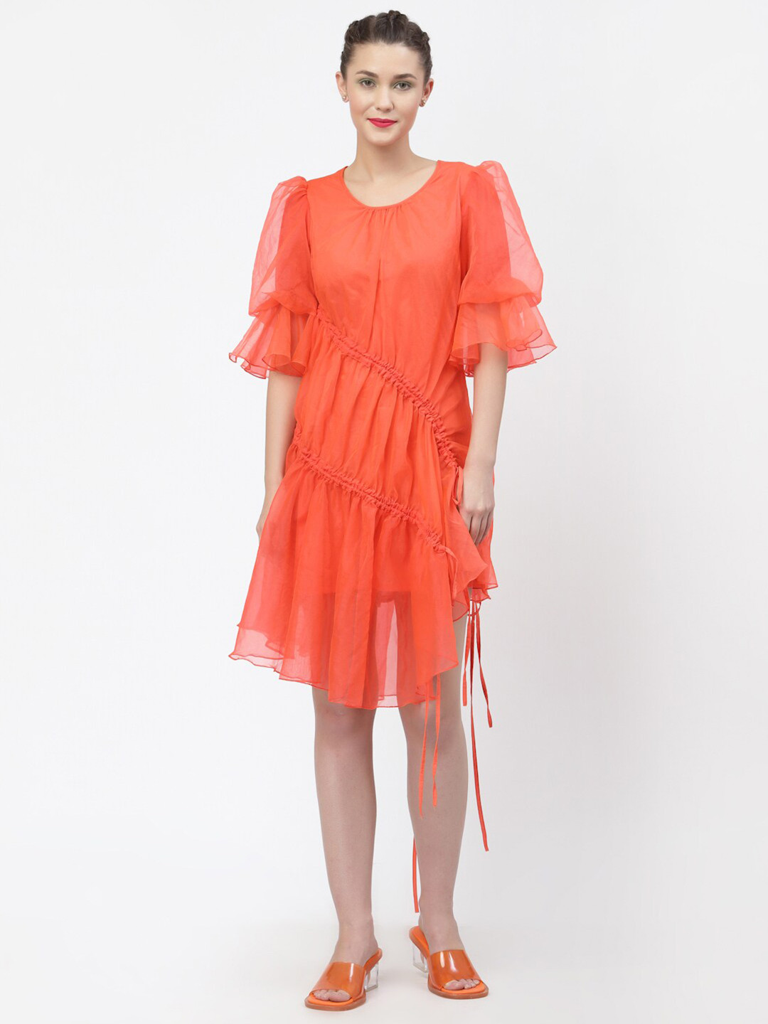 LELA Orange Semi-Sheer Organza Ruched Detail Asymmetric Dress