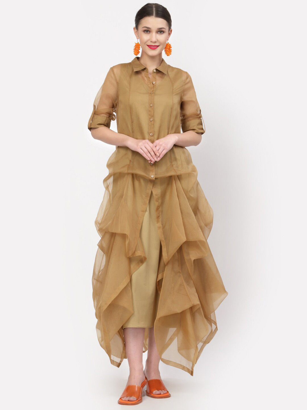 LELA Women Beige Ruffle Detail Organza Drape Dress