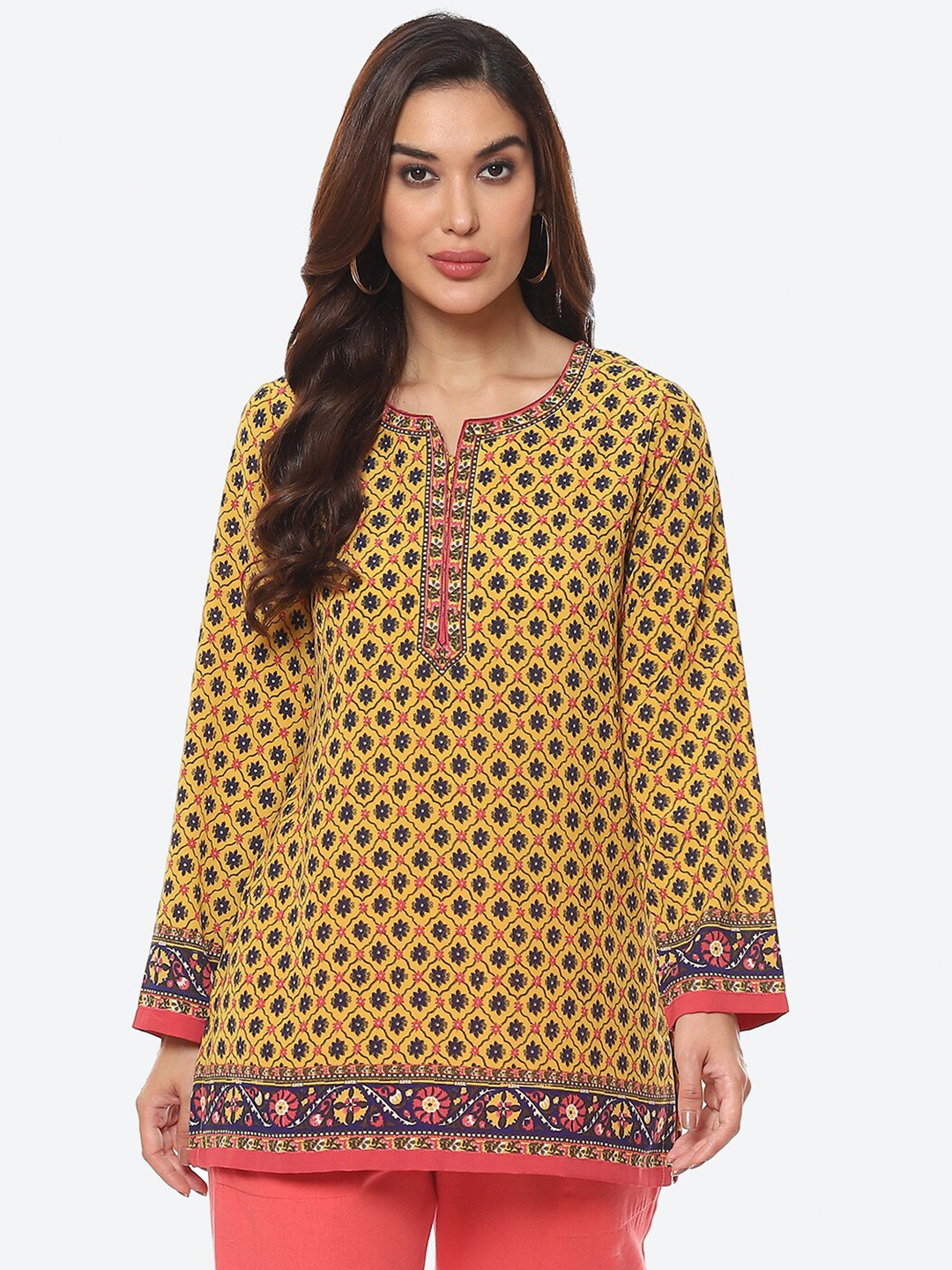 Biba Mustard Yellow Ethnic Motifs Printed Straight Fit Kurti
