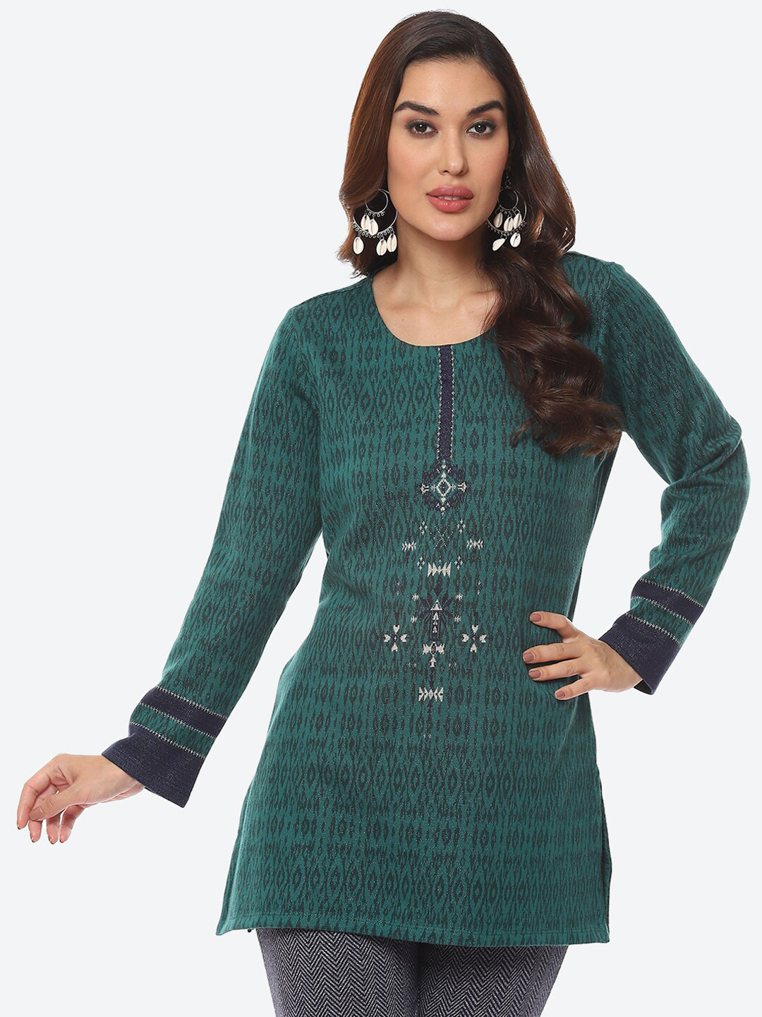 Biba Green Ethnic Motifs Printed Jacquard Kurti
