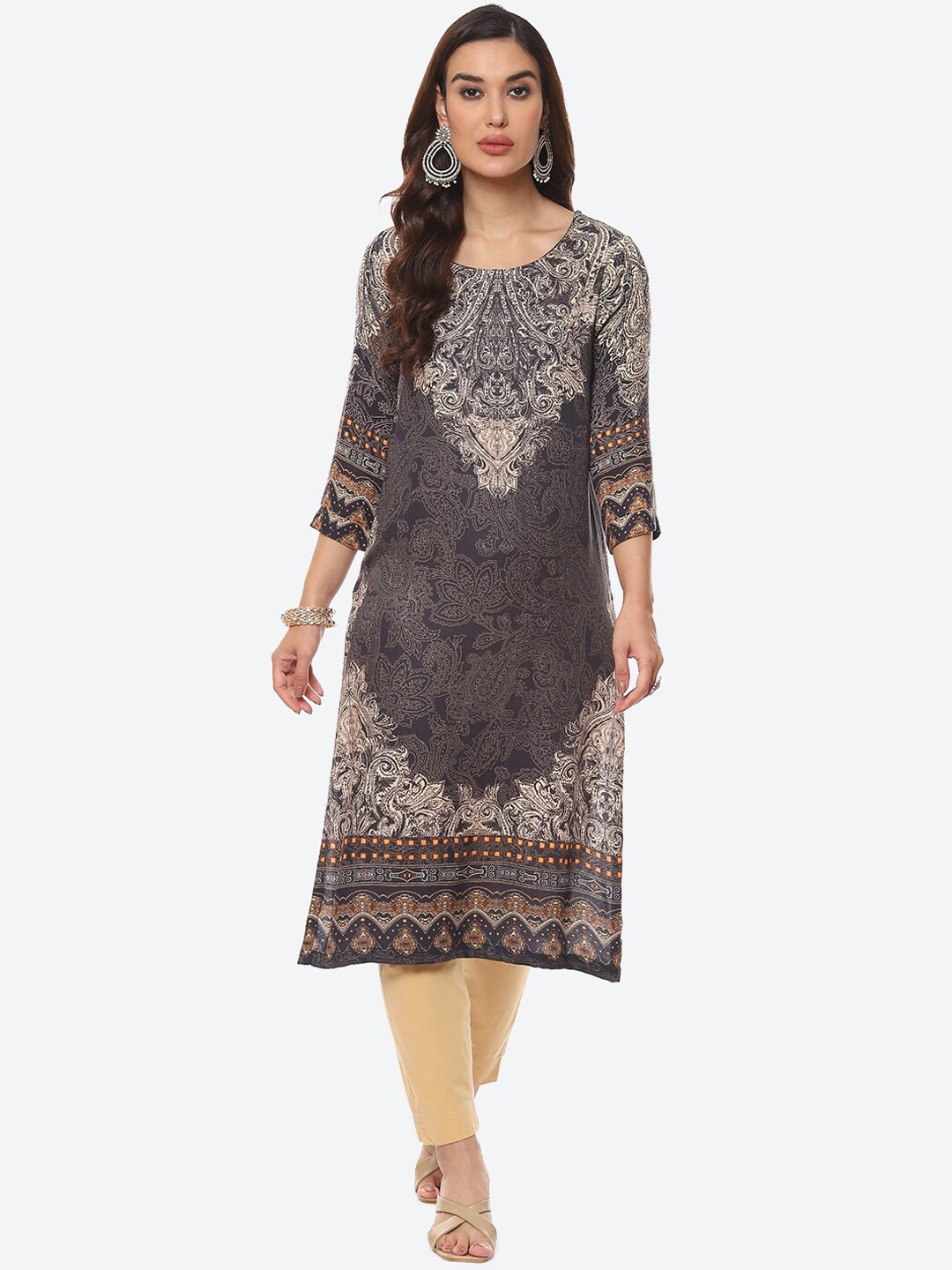 Biba Women Black Ethnic Motifs Printed Straight Fit Kurta