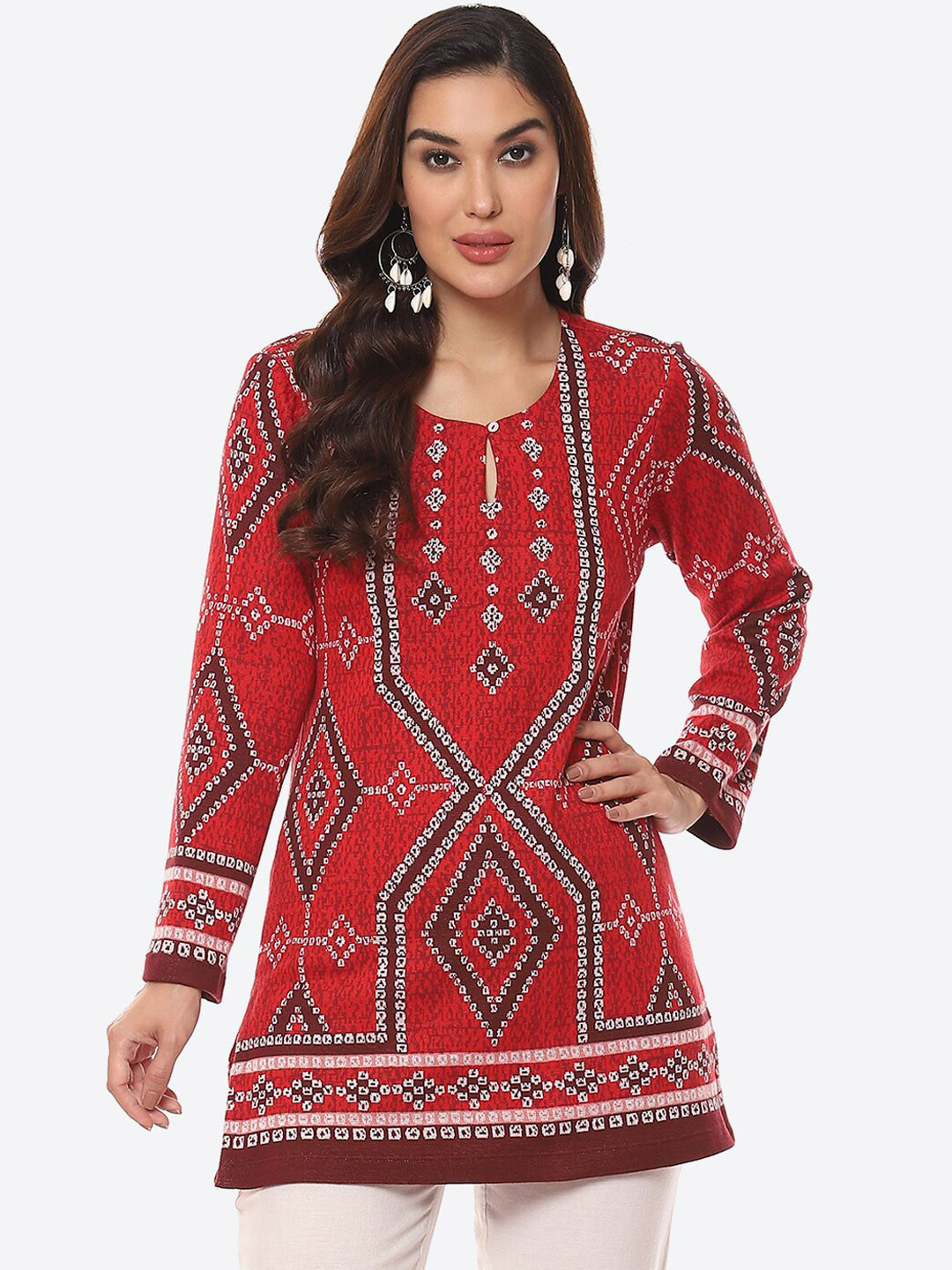 Biba Red Geometric Printed Straight Fit Kurti