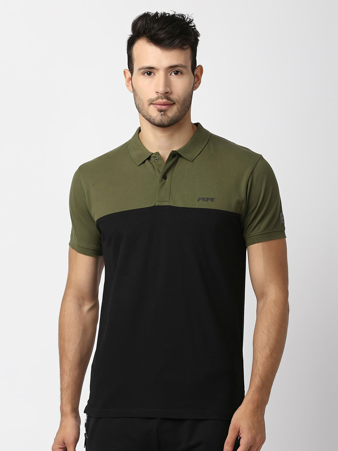 Pepe Jeans Men Black & Olive Green Colourblocked Polo Collar Slim Fit Cotton T-shirt
