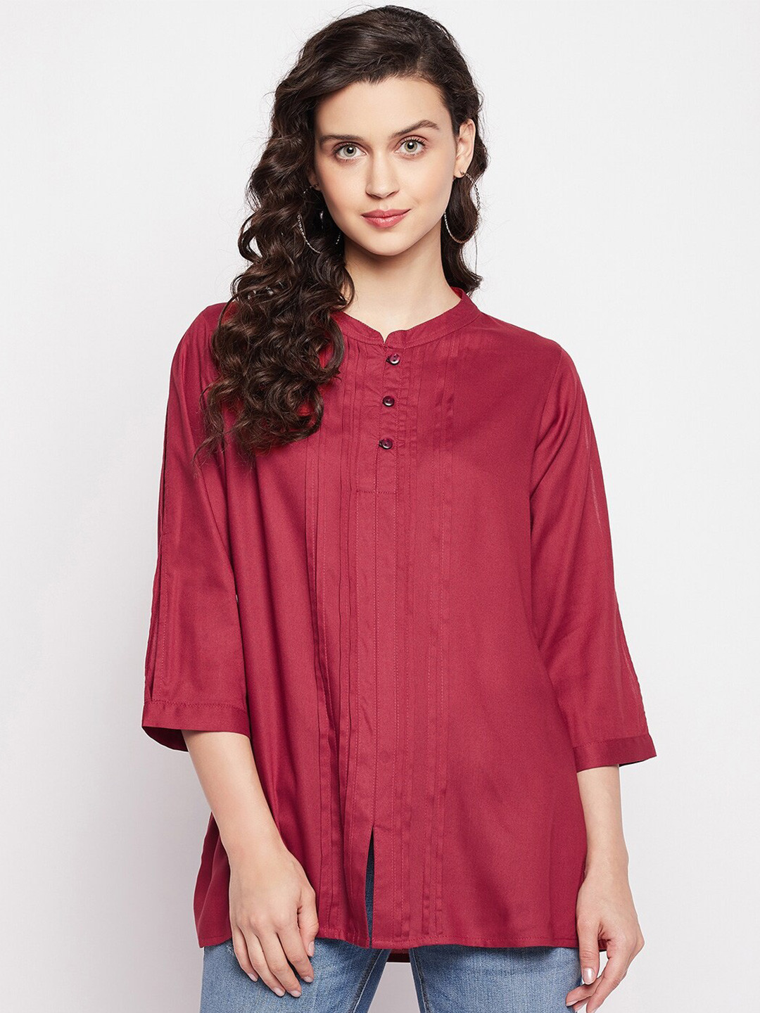 Ruhaan's Womens Rust Pintuck Rayon Top
