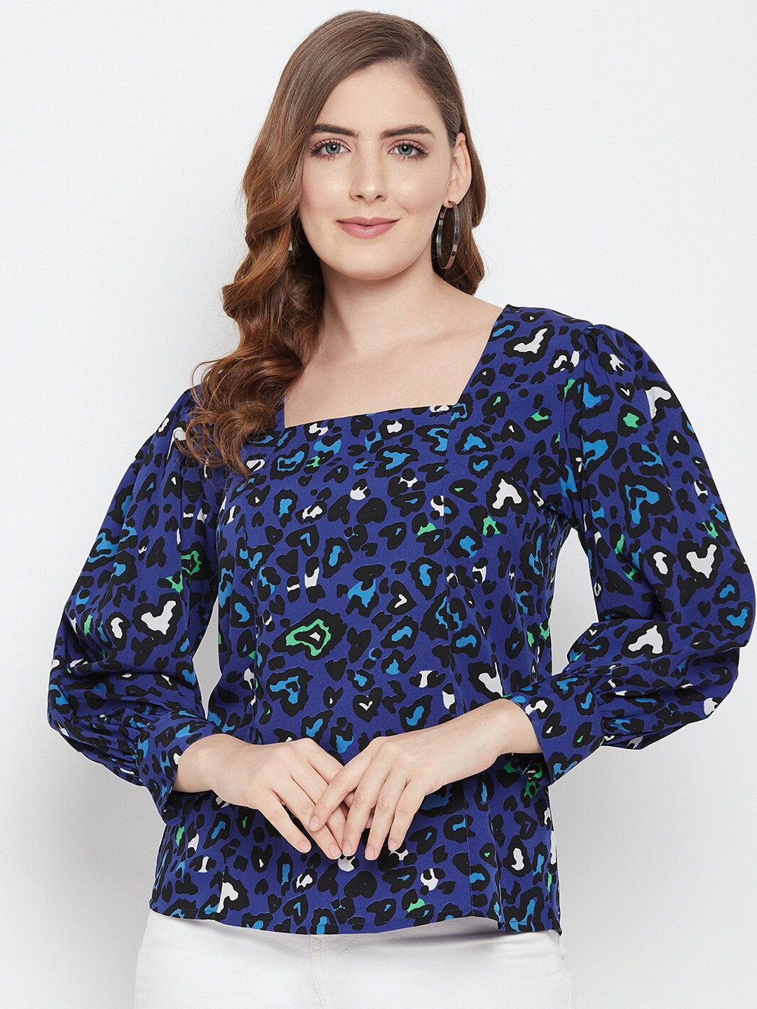 Ruhaans Blue Animal Print Crepe Blouson Top