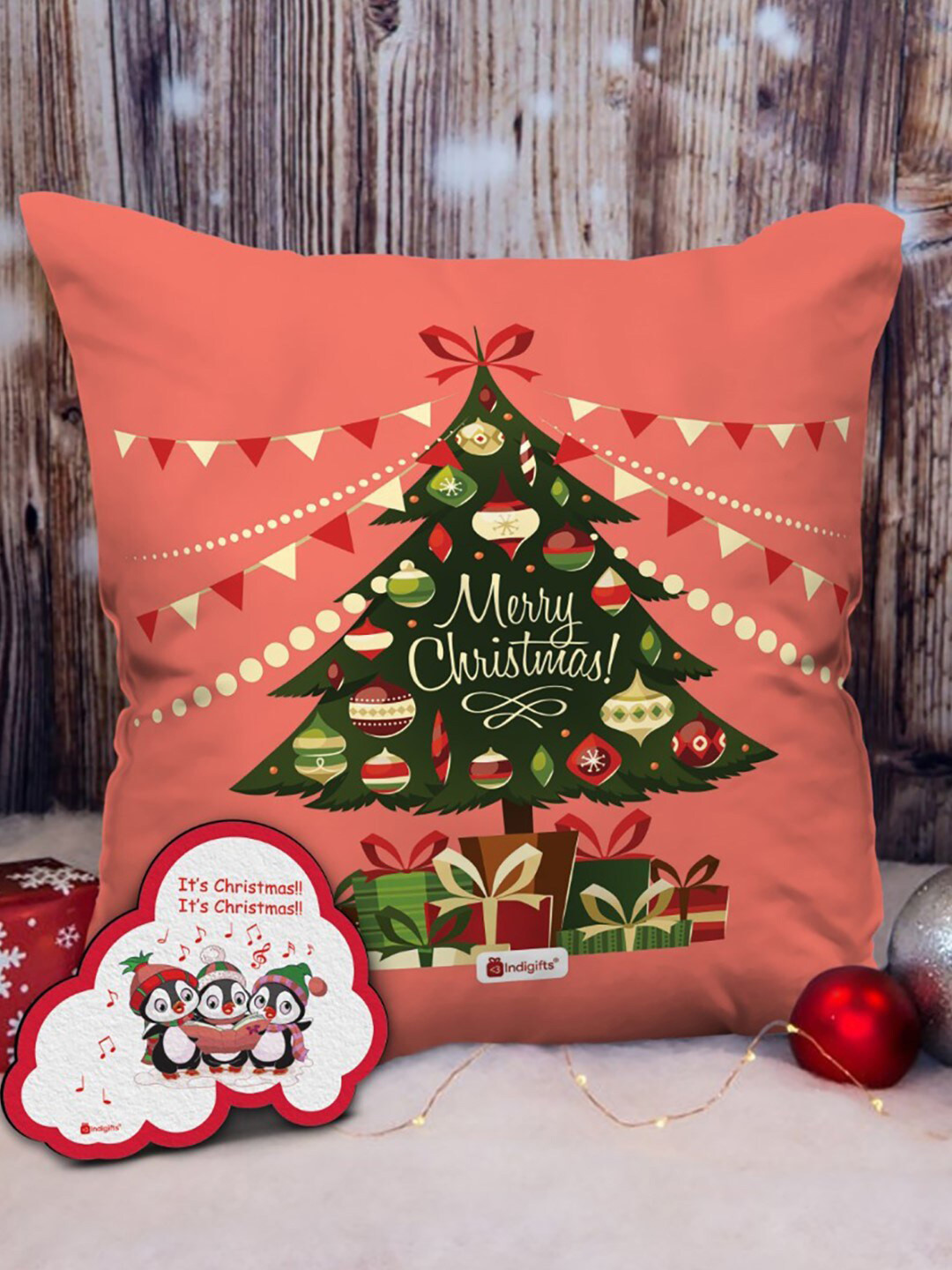 Indigifts Peach & Green Merry Christmas Printed Cotton Cushion