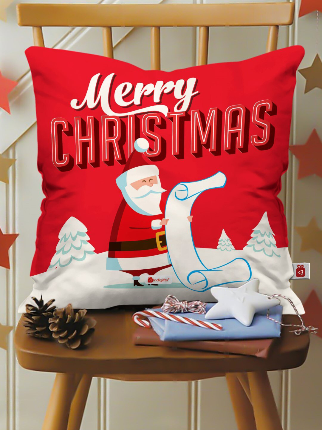 Indigifts Red & White Merry Christmas Graphic Printed Cushion