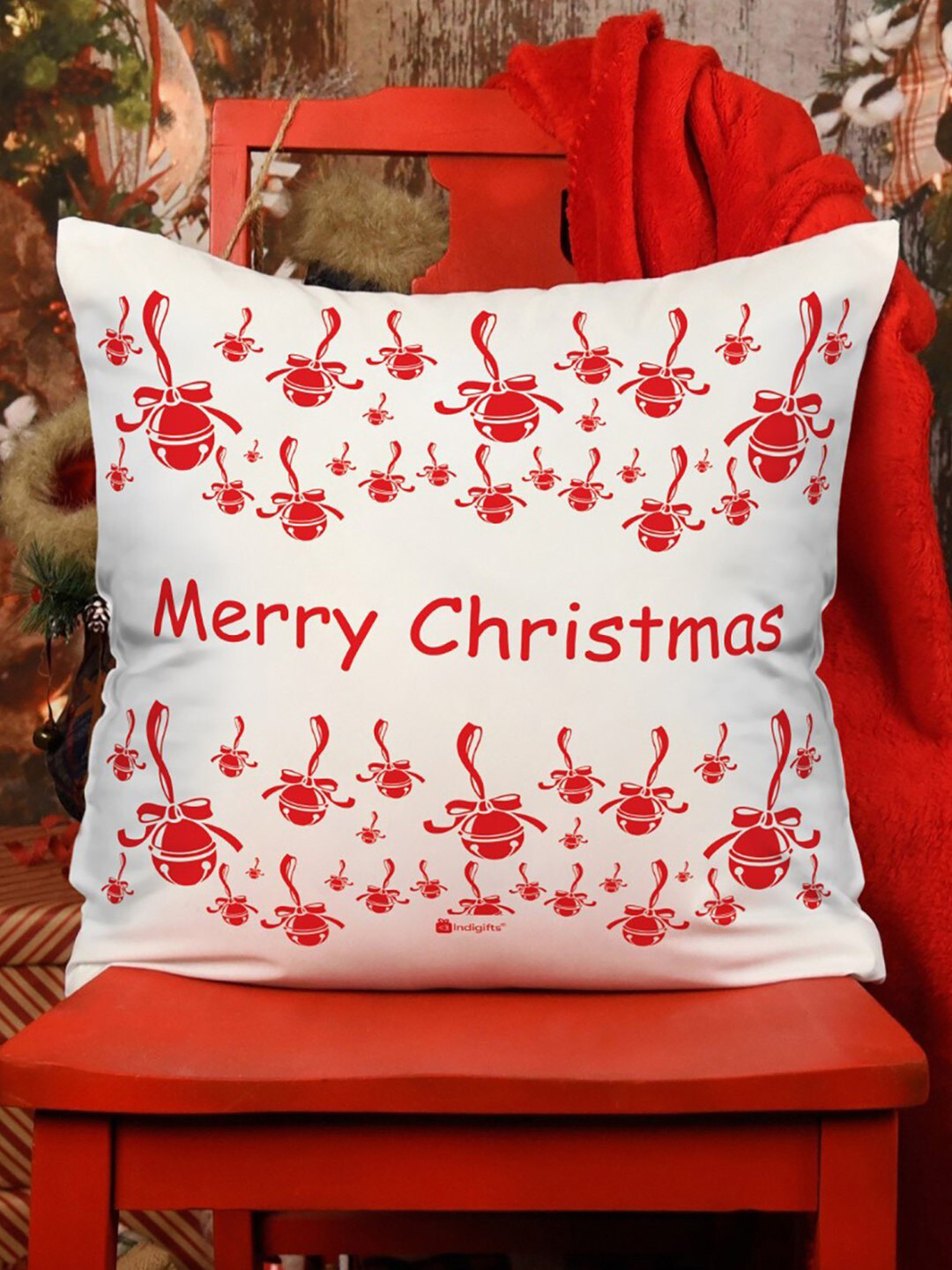 Indigifts White & Red Merry Christmas Graphic Printed Pre-Filled Cushion