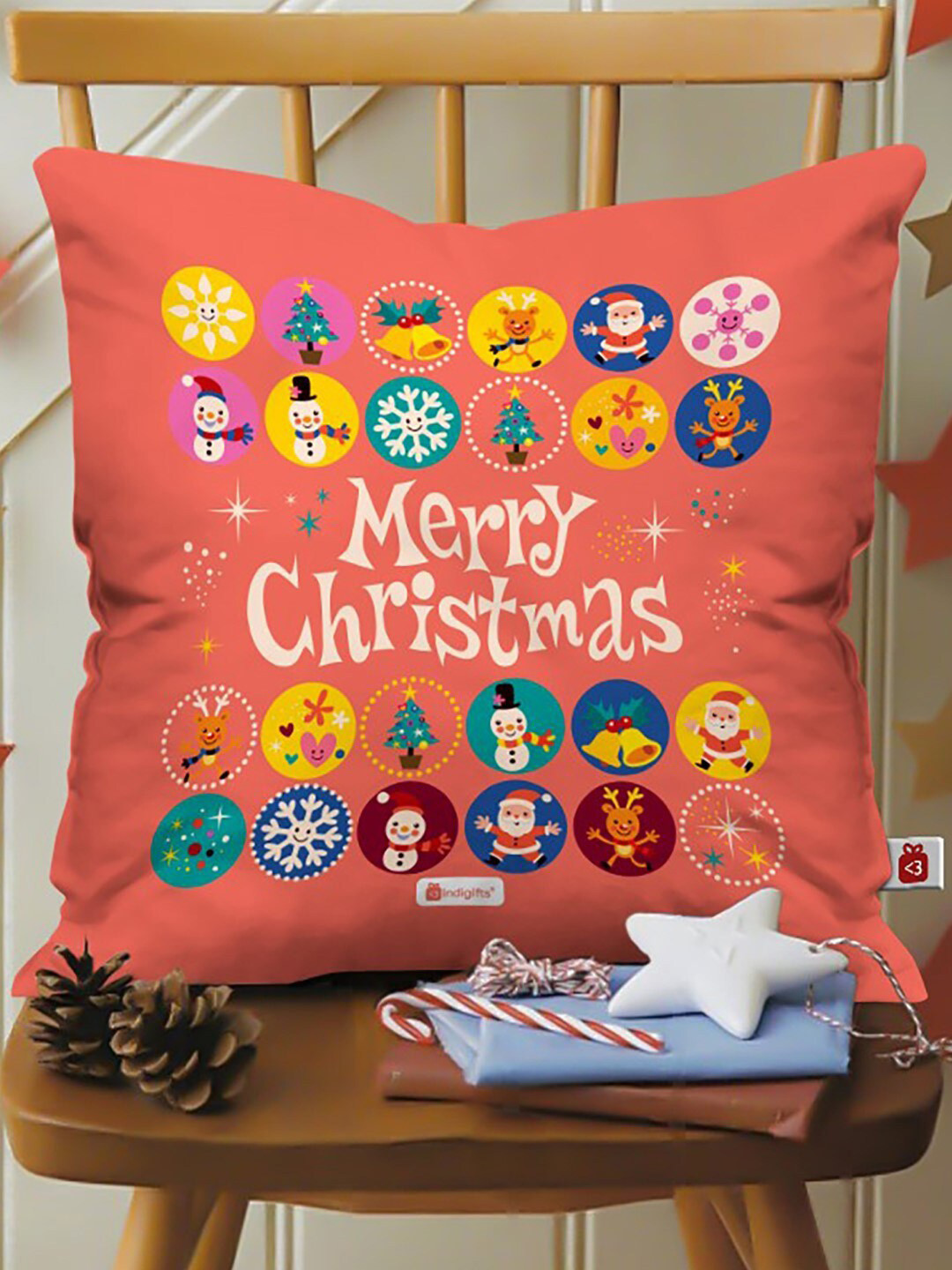 Indigifts Peach Merry Christmas Printed Pre-Filled Cushion