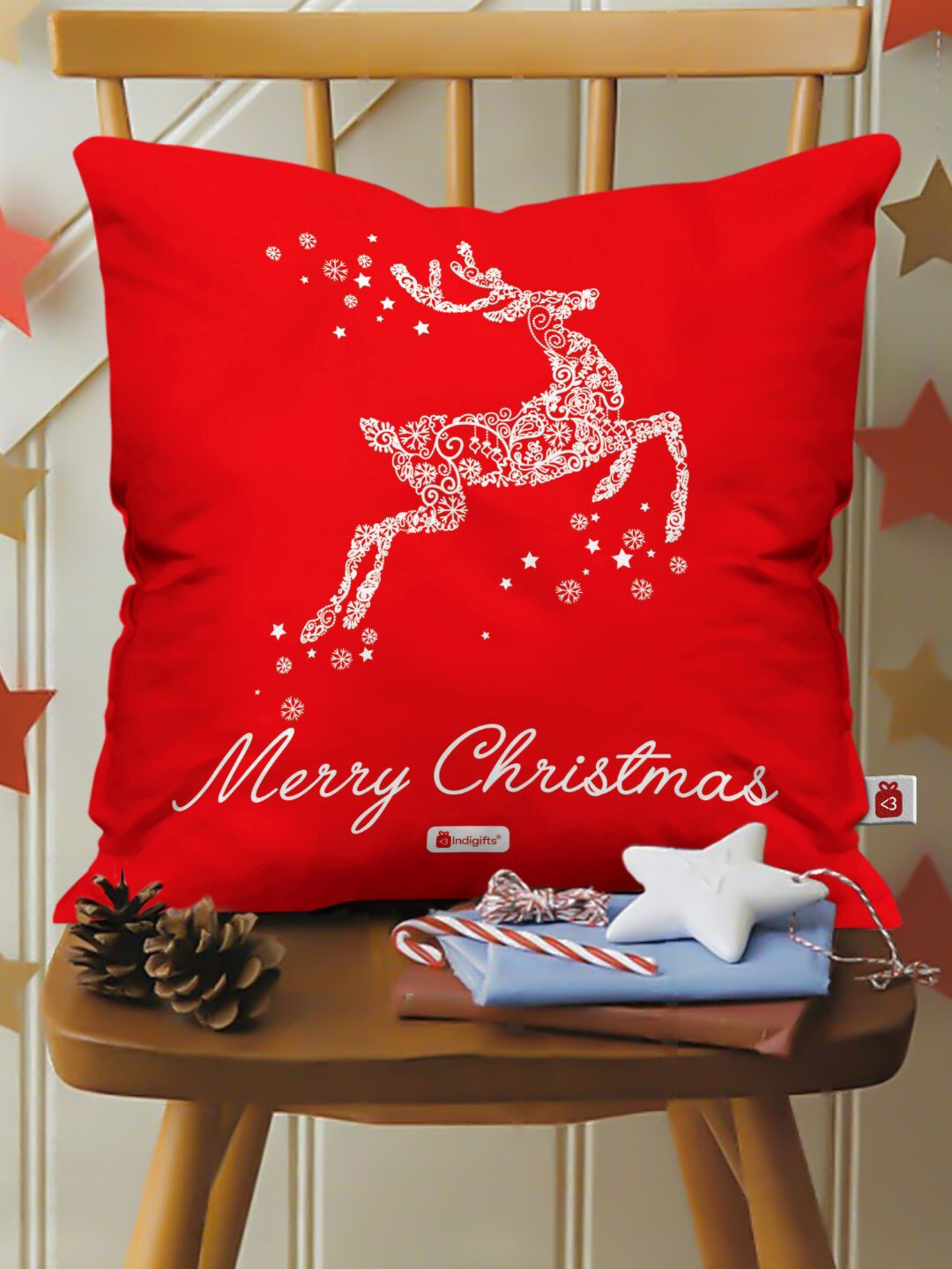 Indigifts Red & White Reindeer Printed Pre-Filled Cushion