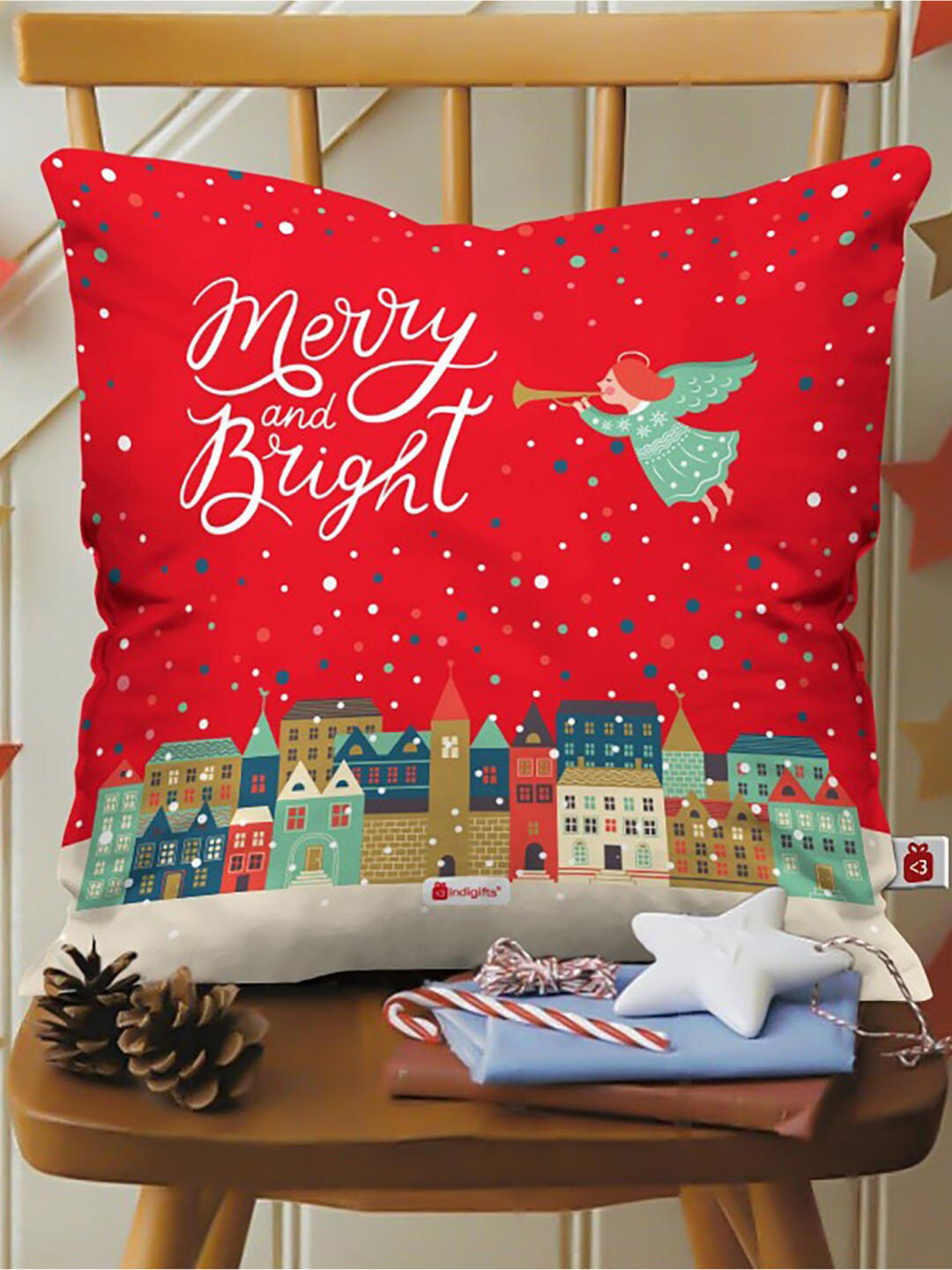 Indigifts Red & Green Merry and Bright Printed Cushion with Filler