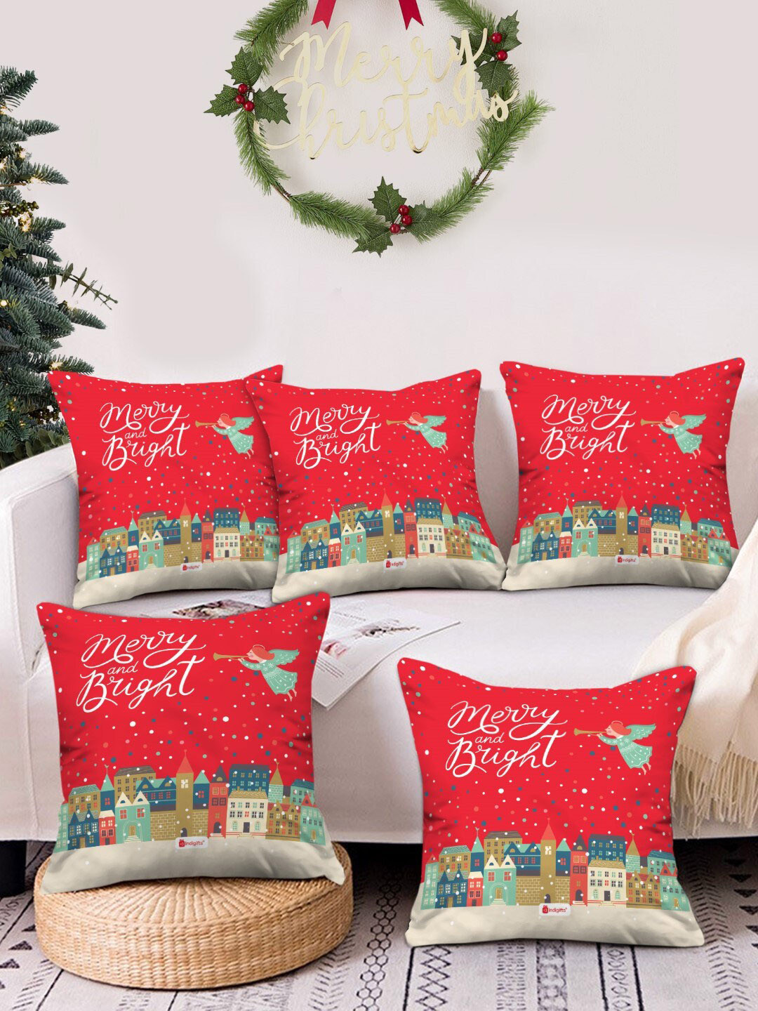 Indigifts Set Of 5 Red & Green Graphic Printed Pre-Filled Cushions