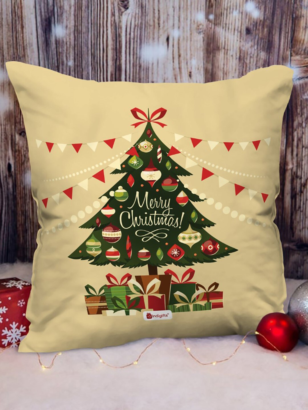 Indigifts Beige & Green Christmas Tree Printed Pre-Filled Cushion