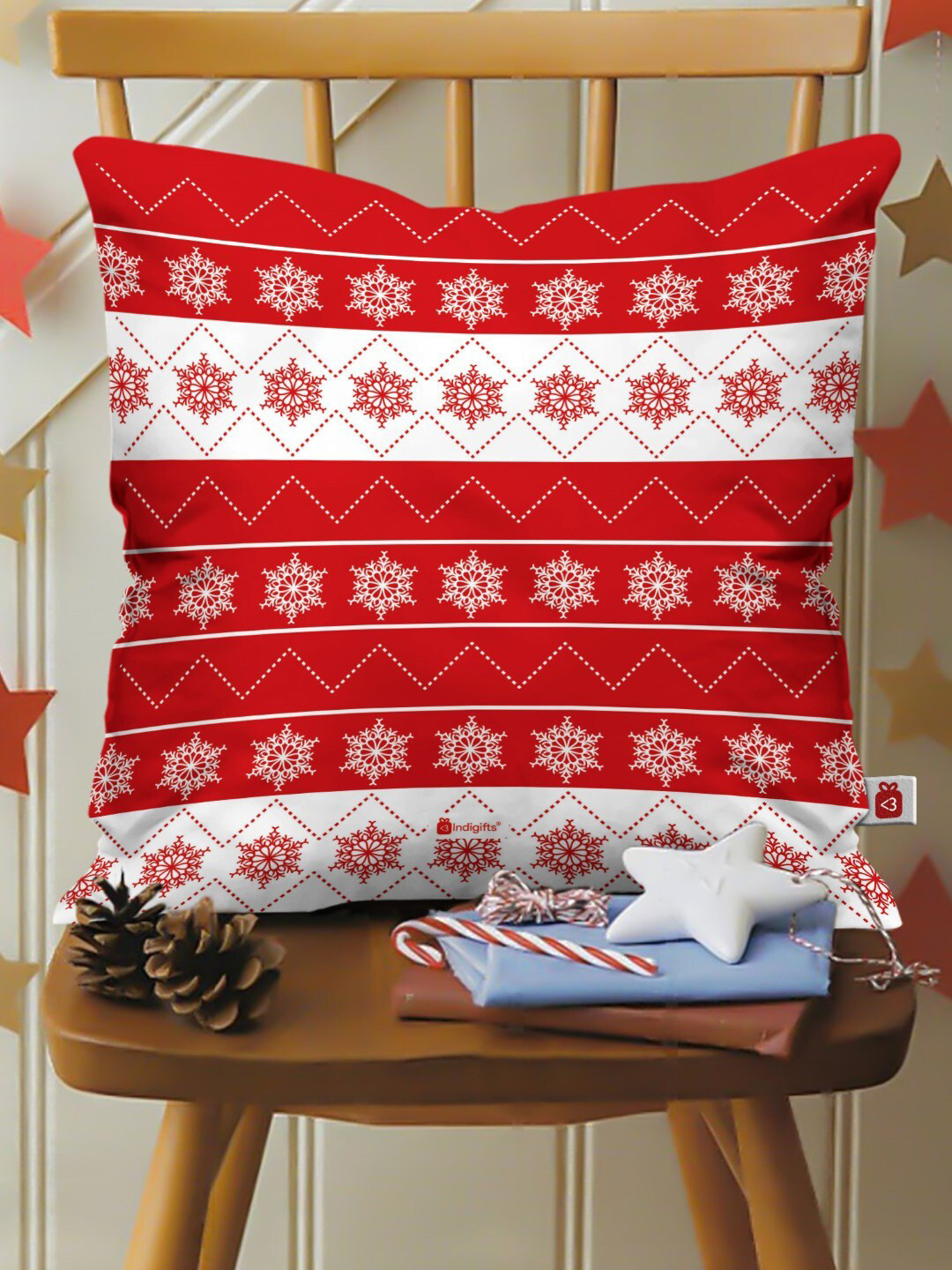 Indigifts White & Red Geometric Printed Pre-Filled Cushion