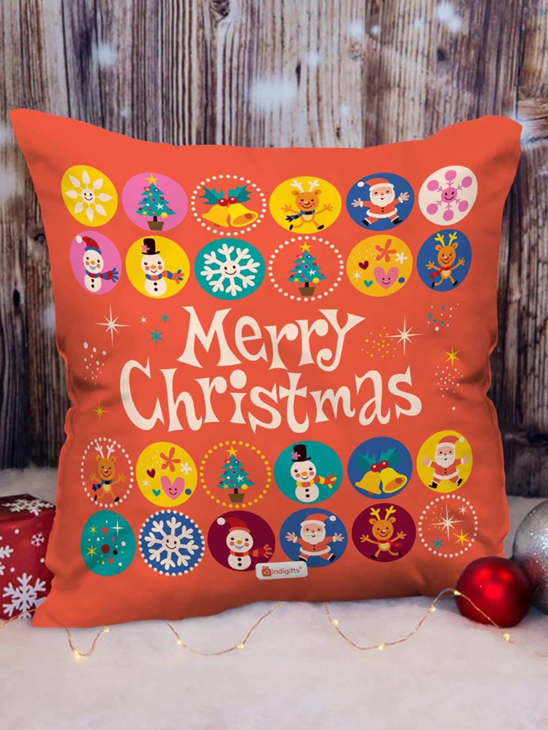 Indigifts Orange & White Merry Christmas Pre-Filled Cushion