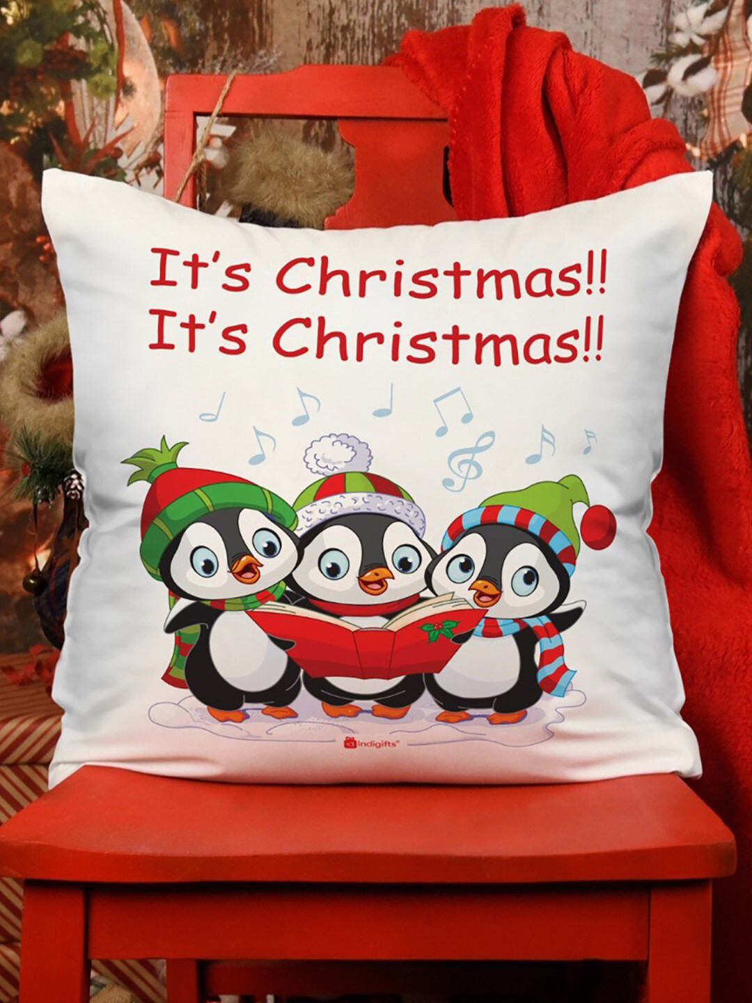 Indigifts White & Red Graphic Printed Pre-Filled Cushion