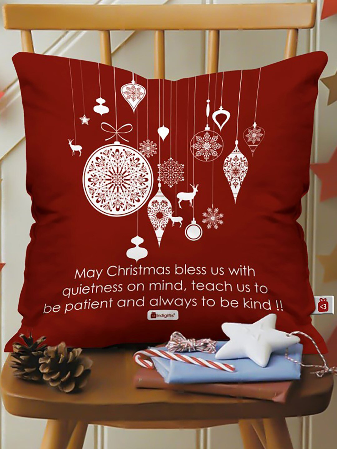 Indigifts Brown & White Christmas Quote Printed Square Cushion with Filler