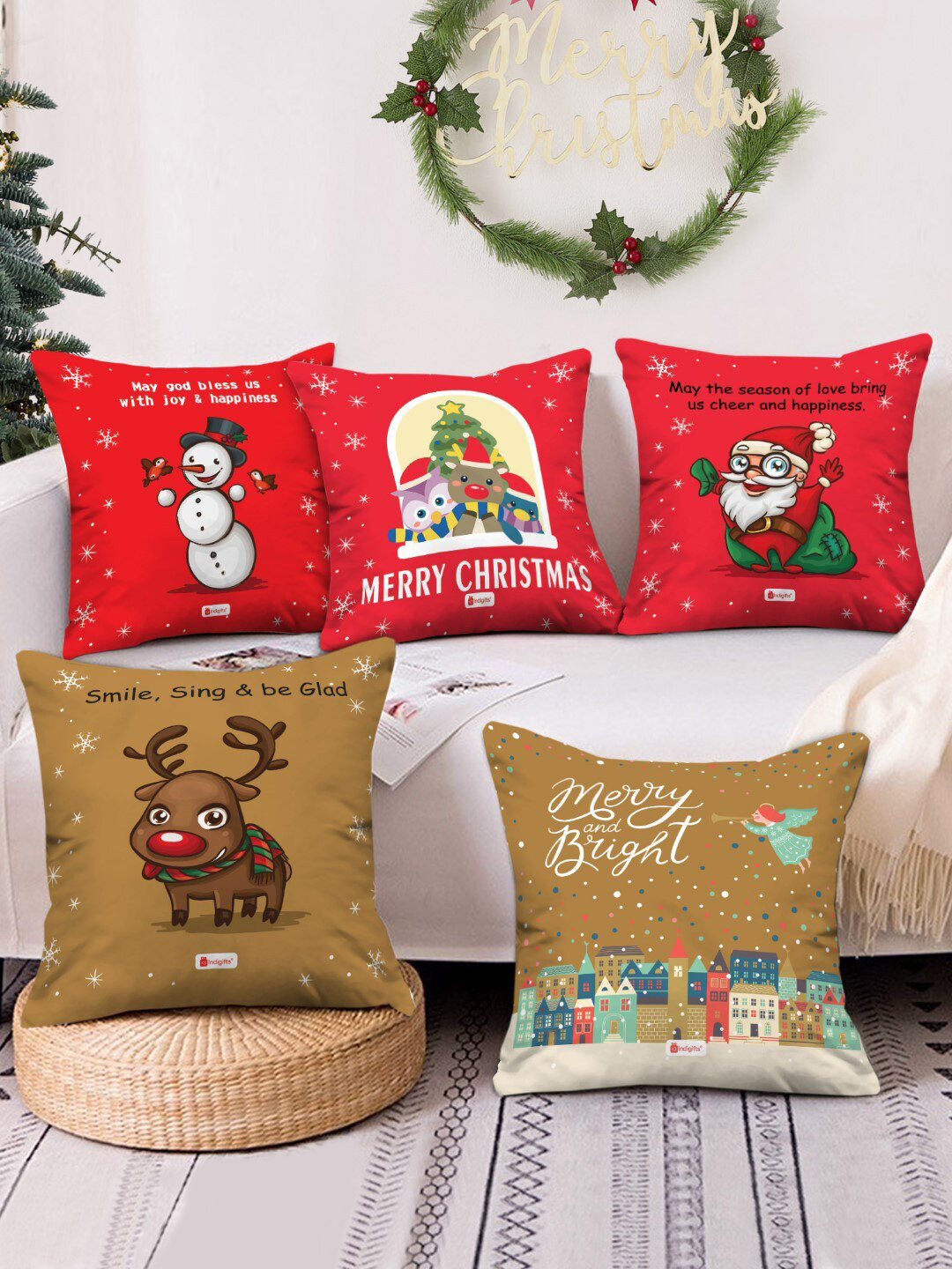 Indigifts Set Of 5 Red and Brown Graphic Printed Cushions