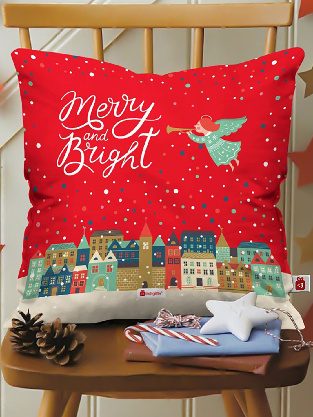 Indigifts Red & White Bright and Merry Printed Red Pre-Filled Cushion