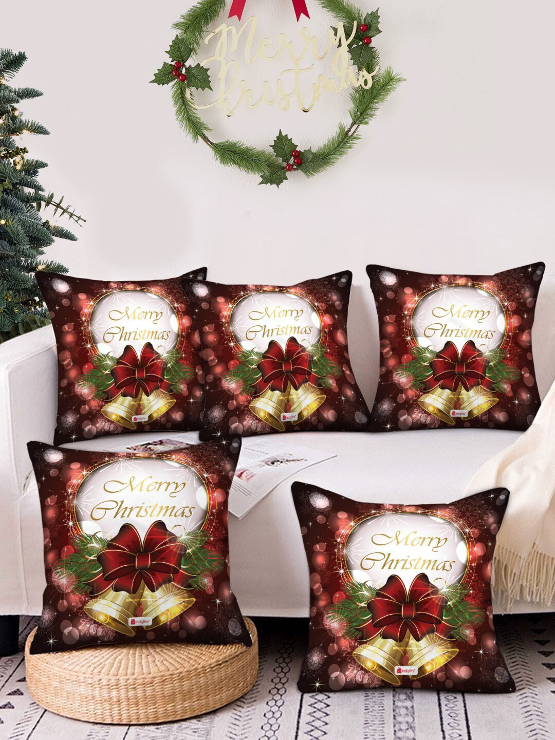 Indigifts Set Of 5 Brown Graphic Printed Cushion Cover with Filler