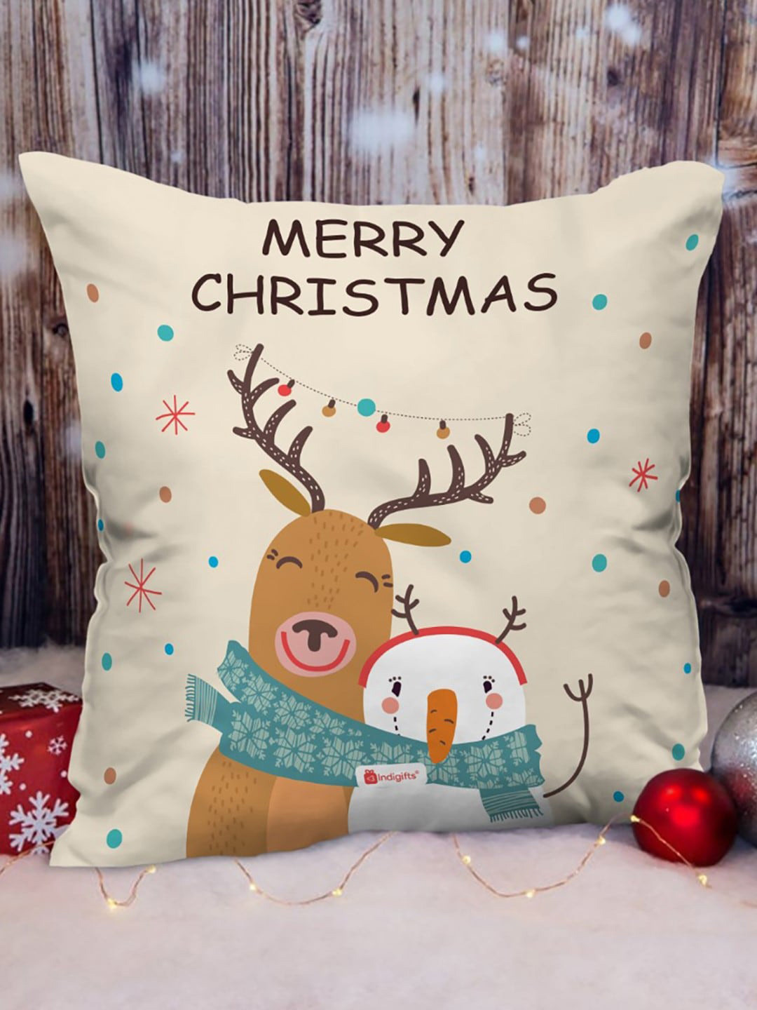 Indigifts Off White & Brown Graphic Printed Cushion Cover with Filler