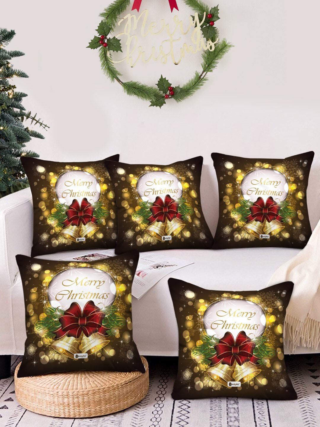 Indigifts Set Of 5 Brown & Yellow Graphic Printed Cushion Cover with Filler