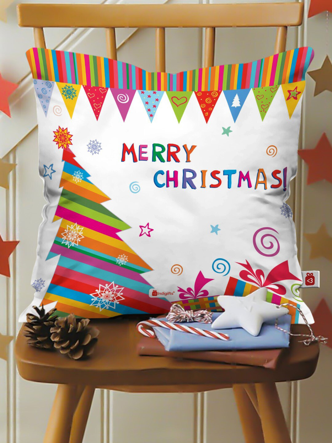 Indigifts White & Blue Digital Printed Cushion with Filler