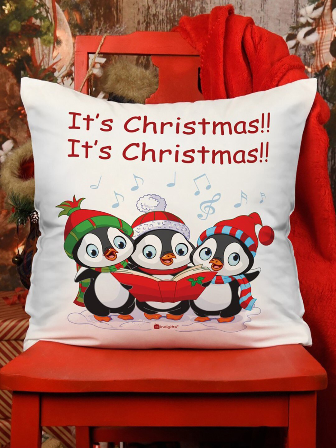 Indigifts White & Red Graphic Printed Cushion Cover with Filler