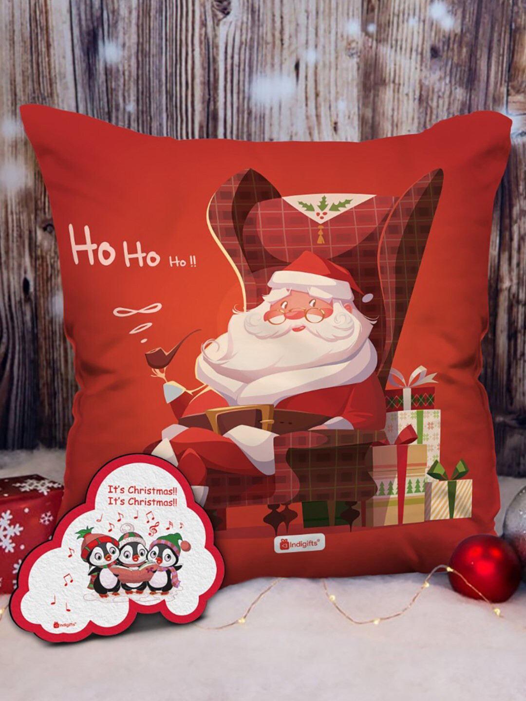 Indigifts Red Christmas Printed Cushion Cover with Filler