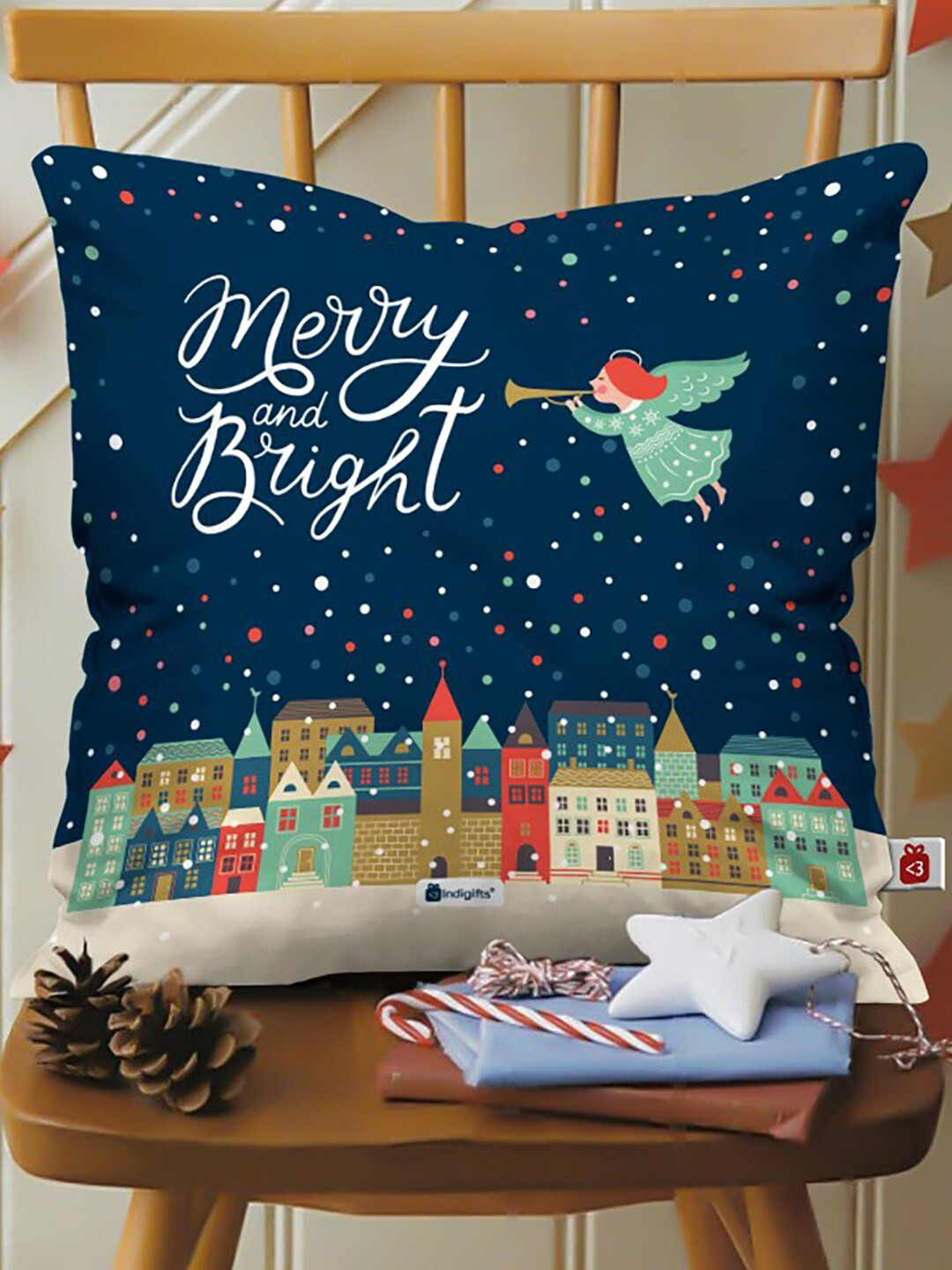 Indigifts Blue Printed Merry & Bright Cushion Cover with Filler