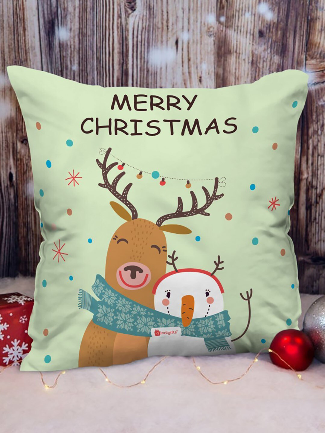 Indigifts Green Printed Christmas Hug Cushion Cover with Filler