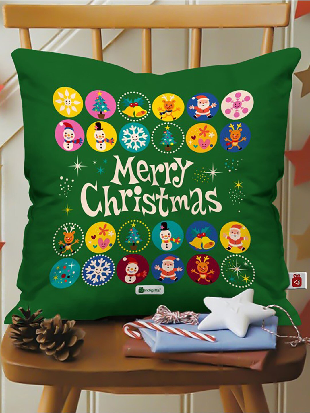 Indigifts Green Printed Merry Christmas Cushion Cover with Filler