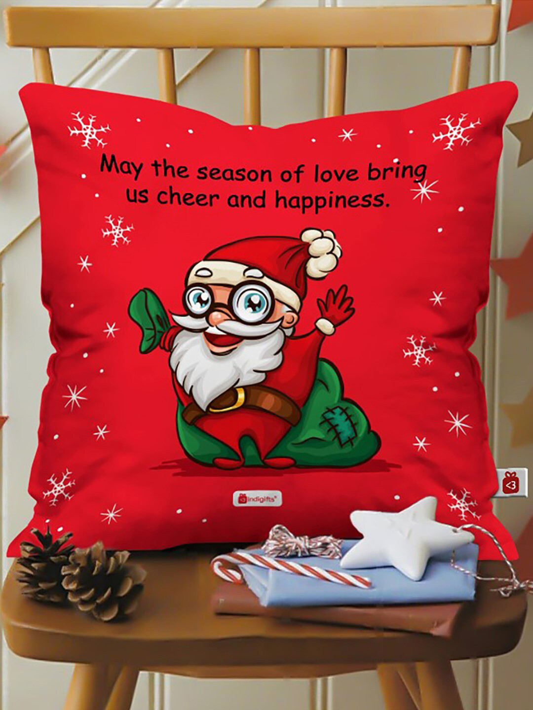 Indigifts Red Christmas Wishes Printed Square Cushion Cover